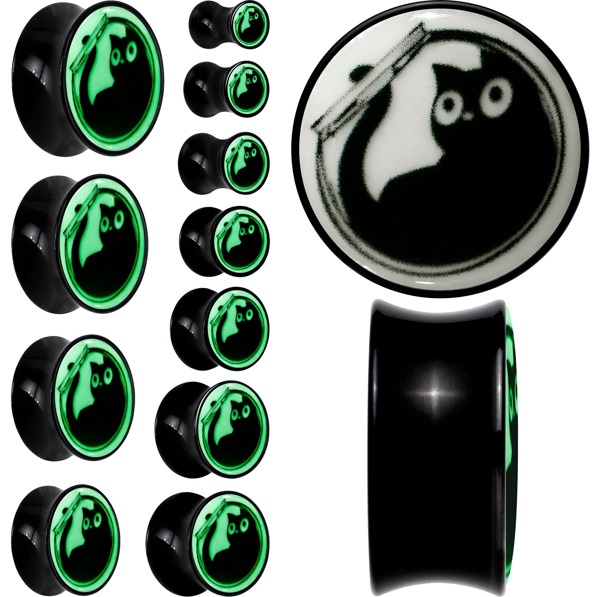 BodyCandy 0G Glow in the Dark Fishbowl Kitty Cat Black Acrylic Saddle Plug Set by Onyx O — main product shot