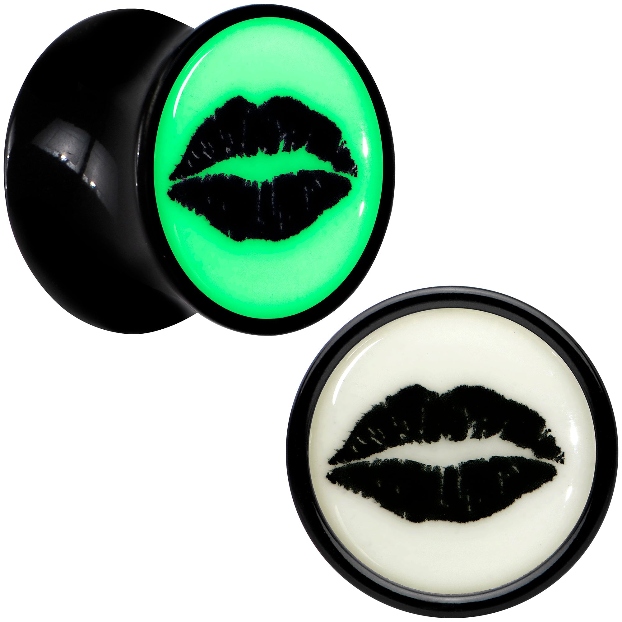 BodyCandy Black Acrylic Lipstick Kiss Glow in Dark Double Flare Plug Set by Onyx O — alternative angle
