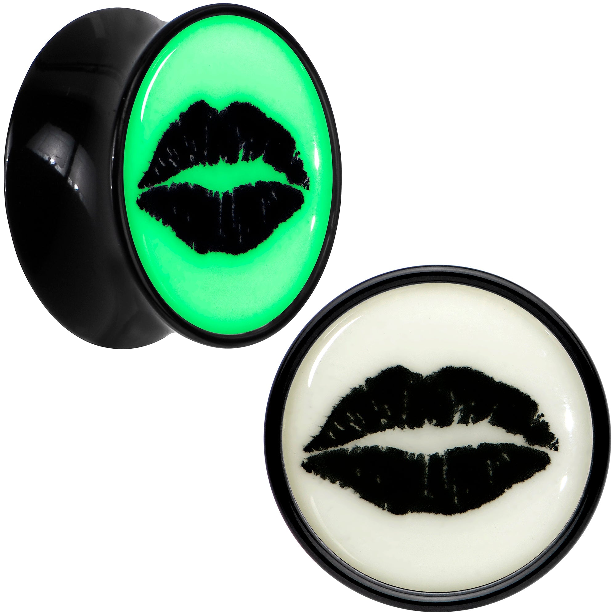 BodyCandy Black Acrylic Lipstick Kiss Glow in Dark Double Flare Plug Set by Onyx O — color detail