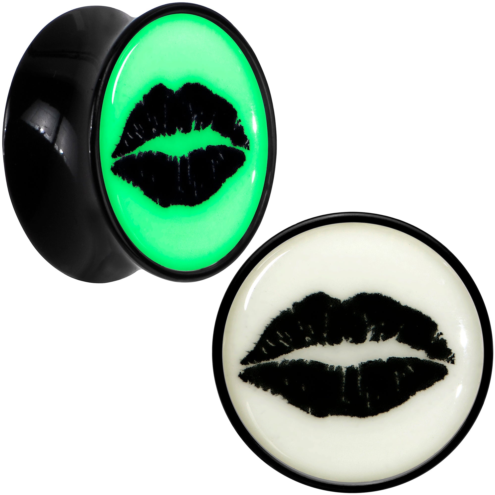 BodyCandy Black Acrylic Lipstick Kiss Glow in Dark Double Flare Plug Set by Onyx O — comparison shot