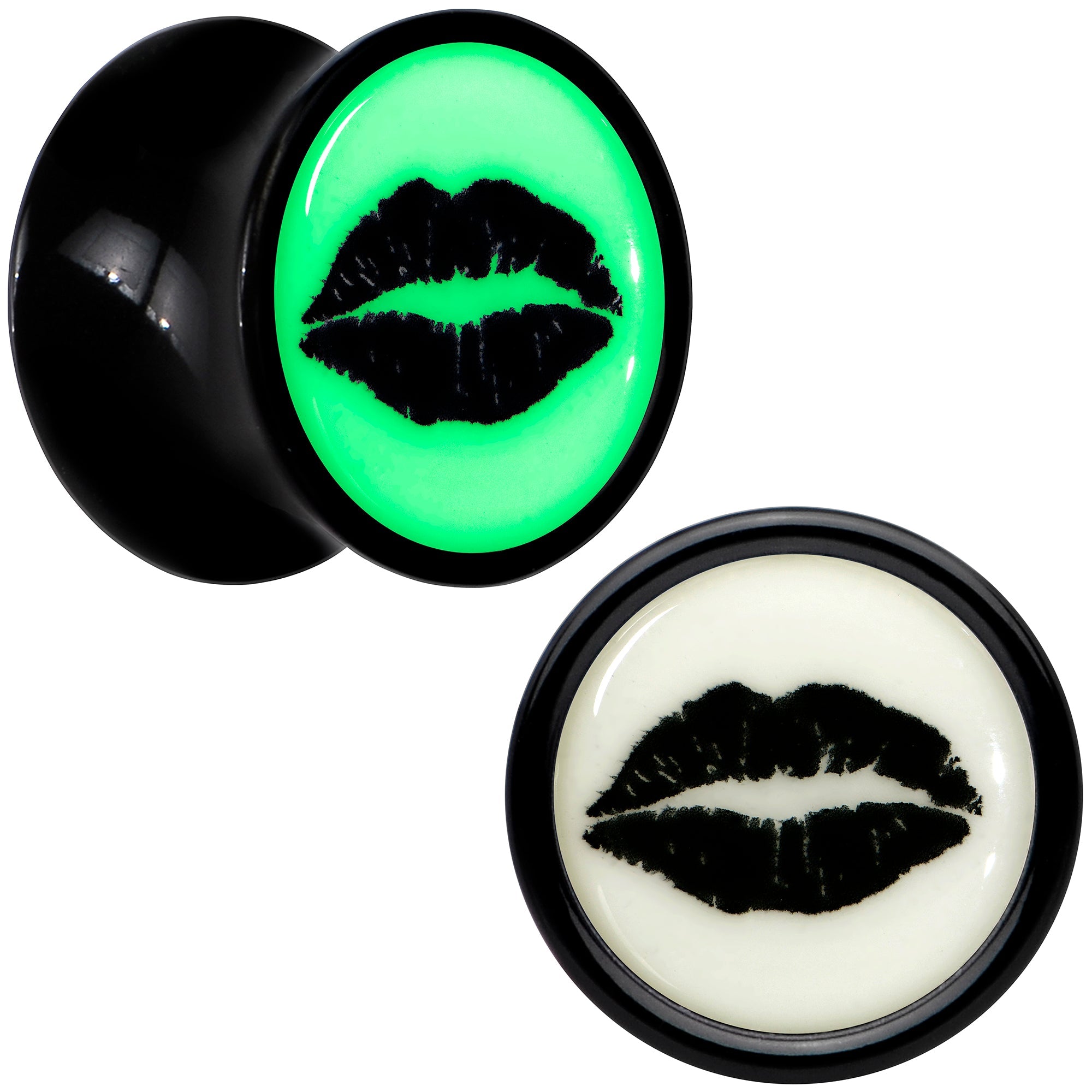 BodyCandy Black Acrylic Lipstick Kiss Glow in Dark Double Flare Plug Set by Onyx O — feature highlight