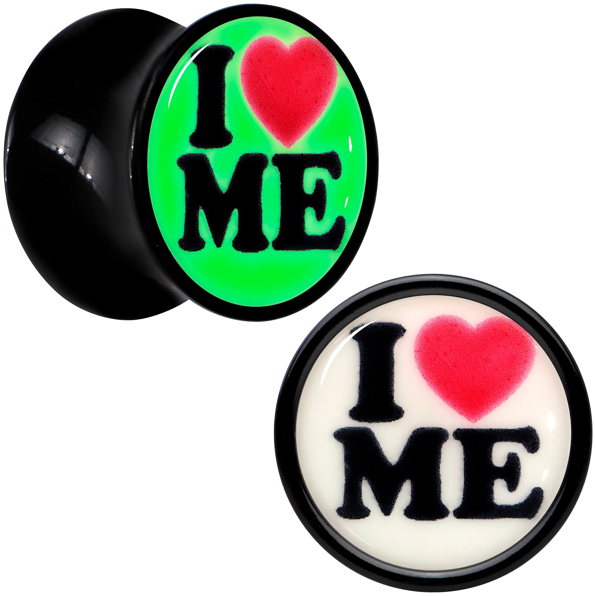 BodyCandy Black Acrylic I Love Me Glow in the Dark Double Flare Plug Set by Onyx O — alternative angle