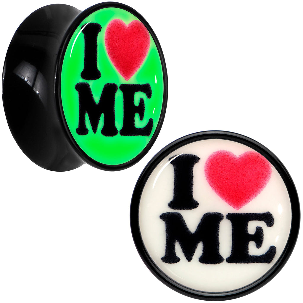 BodyCandy Black Acrylic I Love Me Glow in the Dark Double Flare Plug Set by Onyx O — color detail