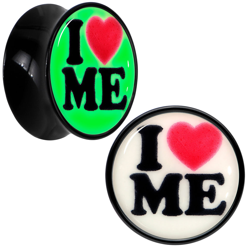BodyCandy Black Acrylic I Love Me Glow in the Dark Double Flare Plug Set by Onyx O — packaging