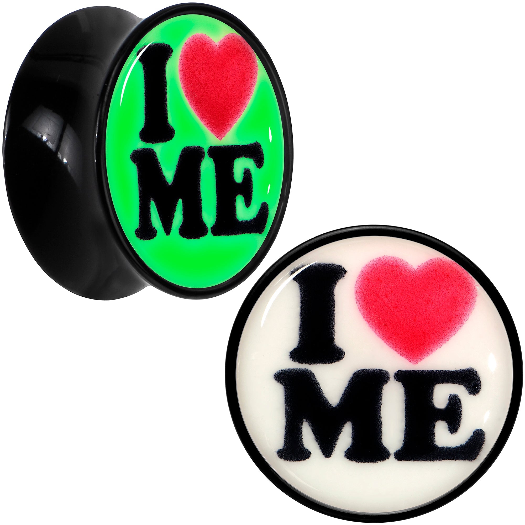 BodyCandy Black Acrylic I Love Me Glow in the Dark Double Flare Plug Set by Onyx O — comparison shot