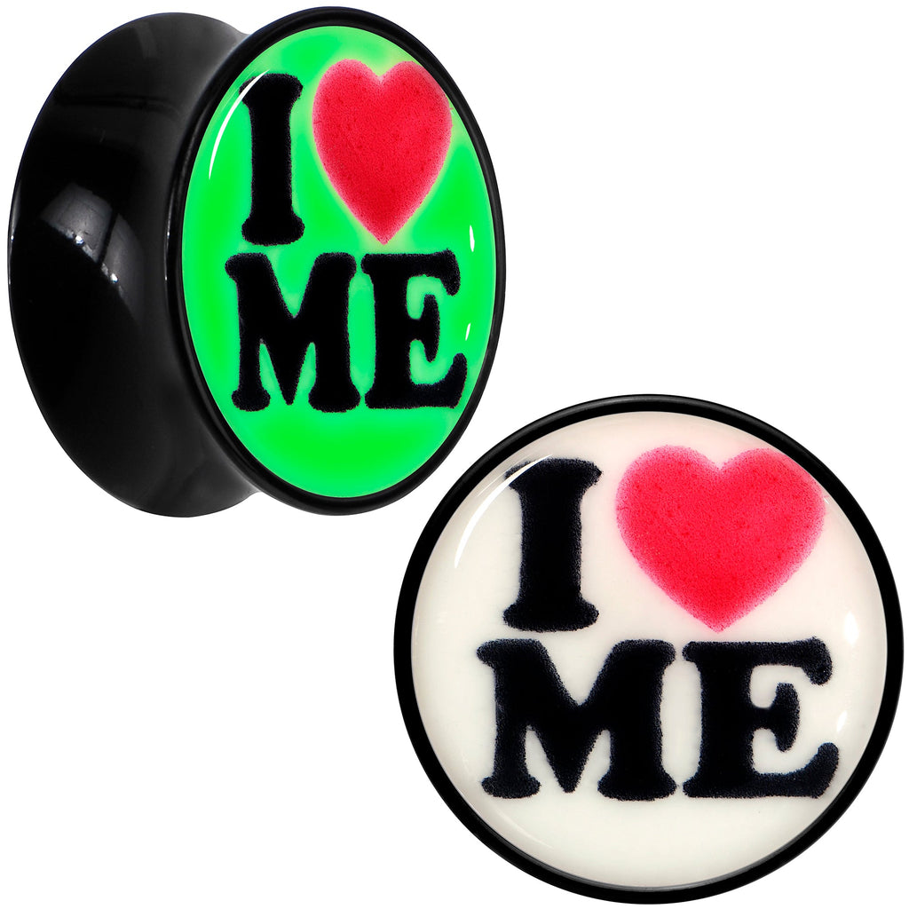 BodyCandy Black Acrylic I Love Me Glow in the Dark Double Flare Plug Set by Onyx O — fabric or material detail