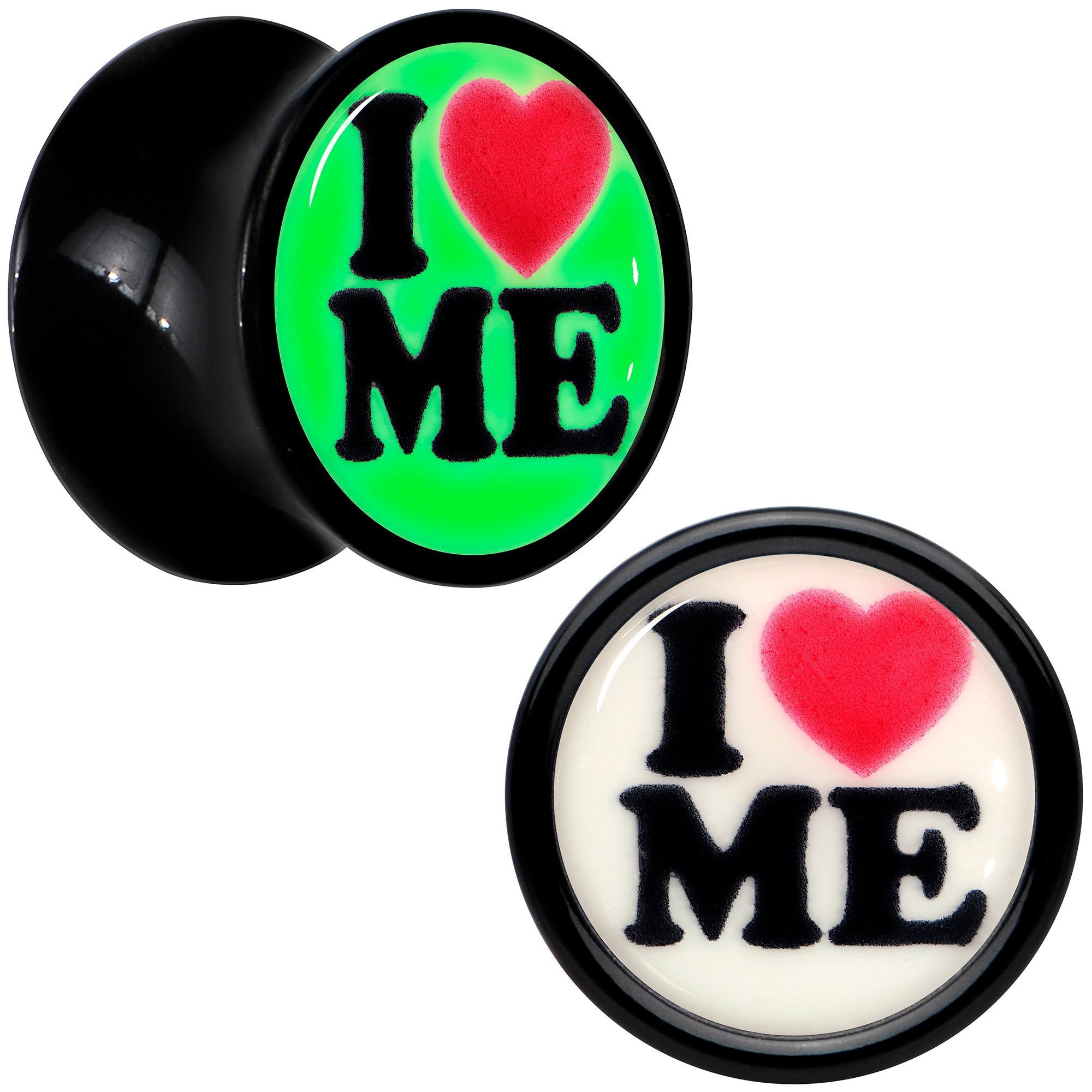 BodyCandy Black Acrylic I Love Me Glow in the Dark Double Flare Plug Set by Onyx O — feature highlight
