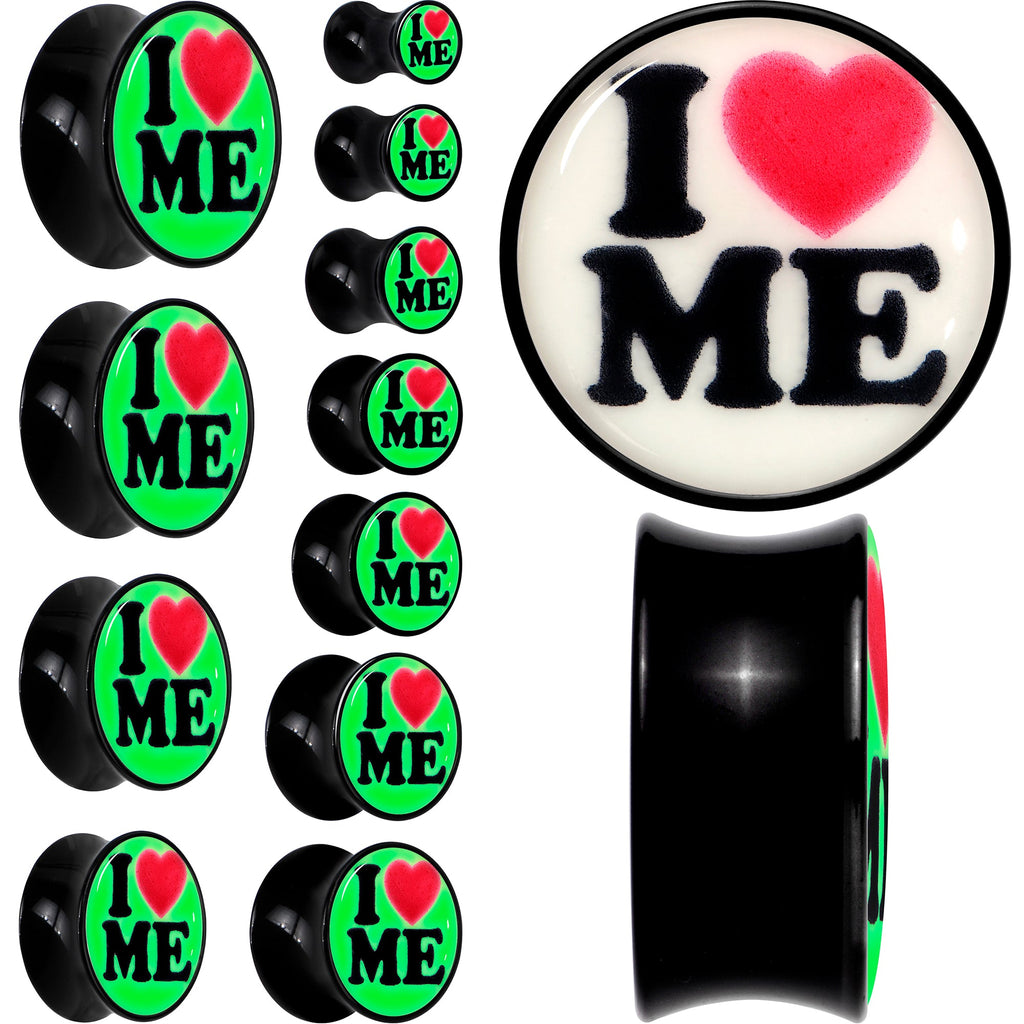 BodyCandy Black Acrylic I Love Me Glow in the Dark Double Flare Plug Set by Onyx O — main product shot