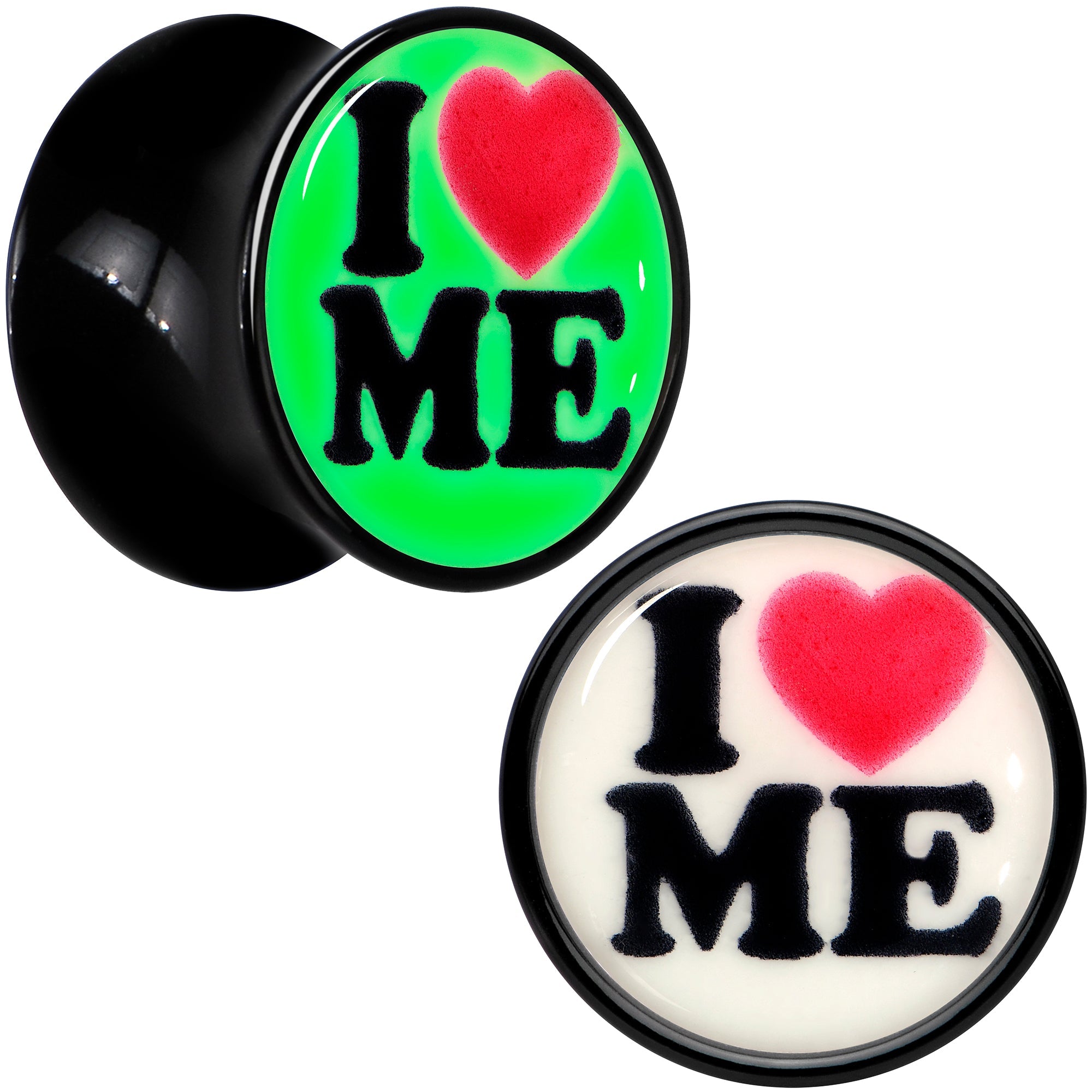 BodyCandy Black Acrylic I Love Me Glow in the Dark Double Flare Plug Set by Onyx O — detail close-up