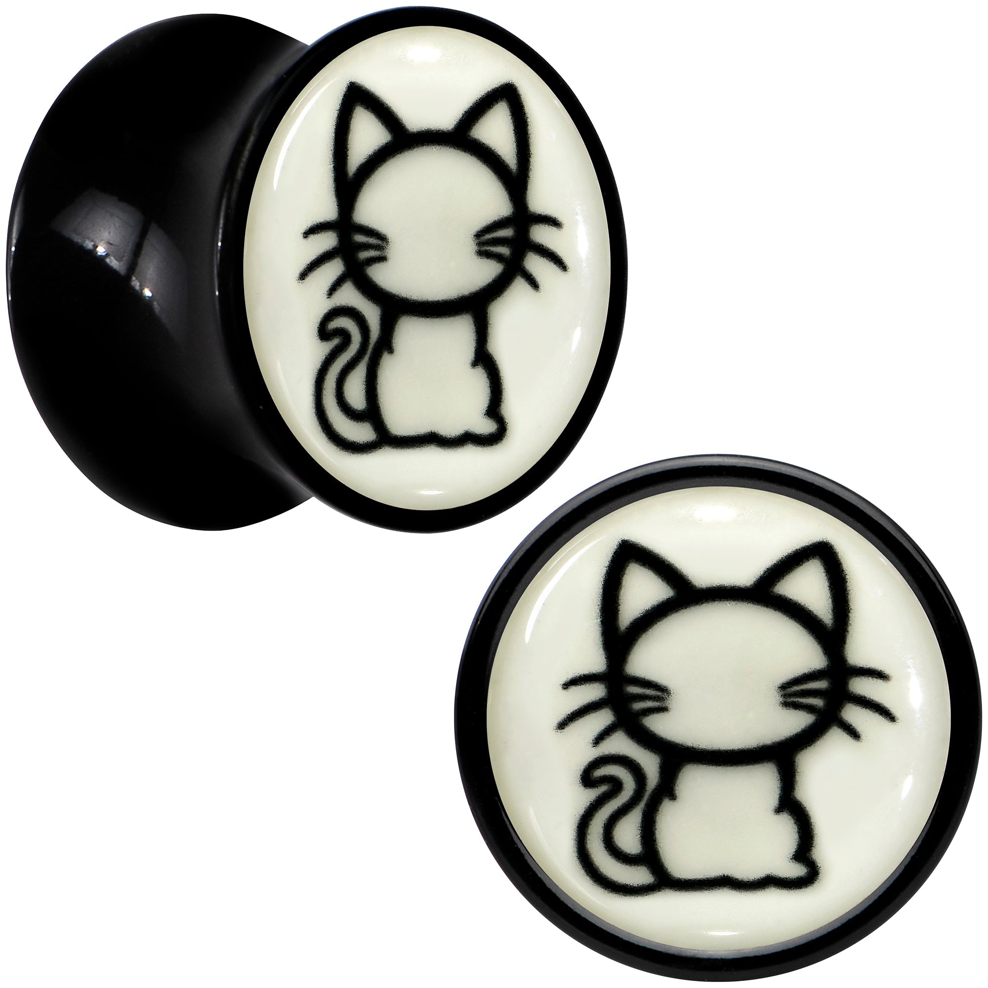 BodyCandy Glow in the Dark Kitty Cat Black Acrylic Saddle Plug Set 8mm to 20mm by Onyx O — size reference