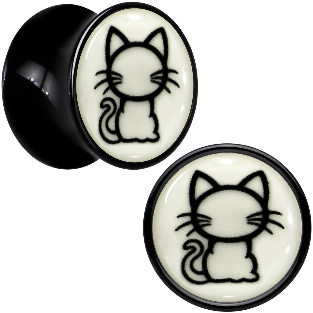 BodyCandy Glow in the Dark Kitty Cat Black Acrylic Saddle Plug Set 8mm to 20mm by Onyx O — color detail