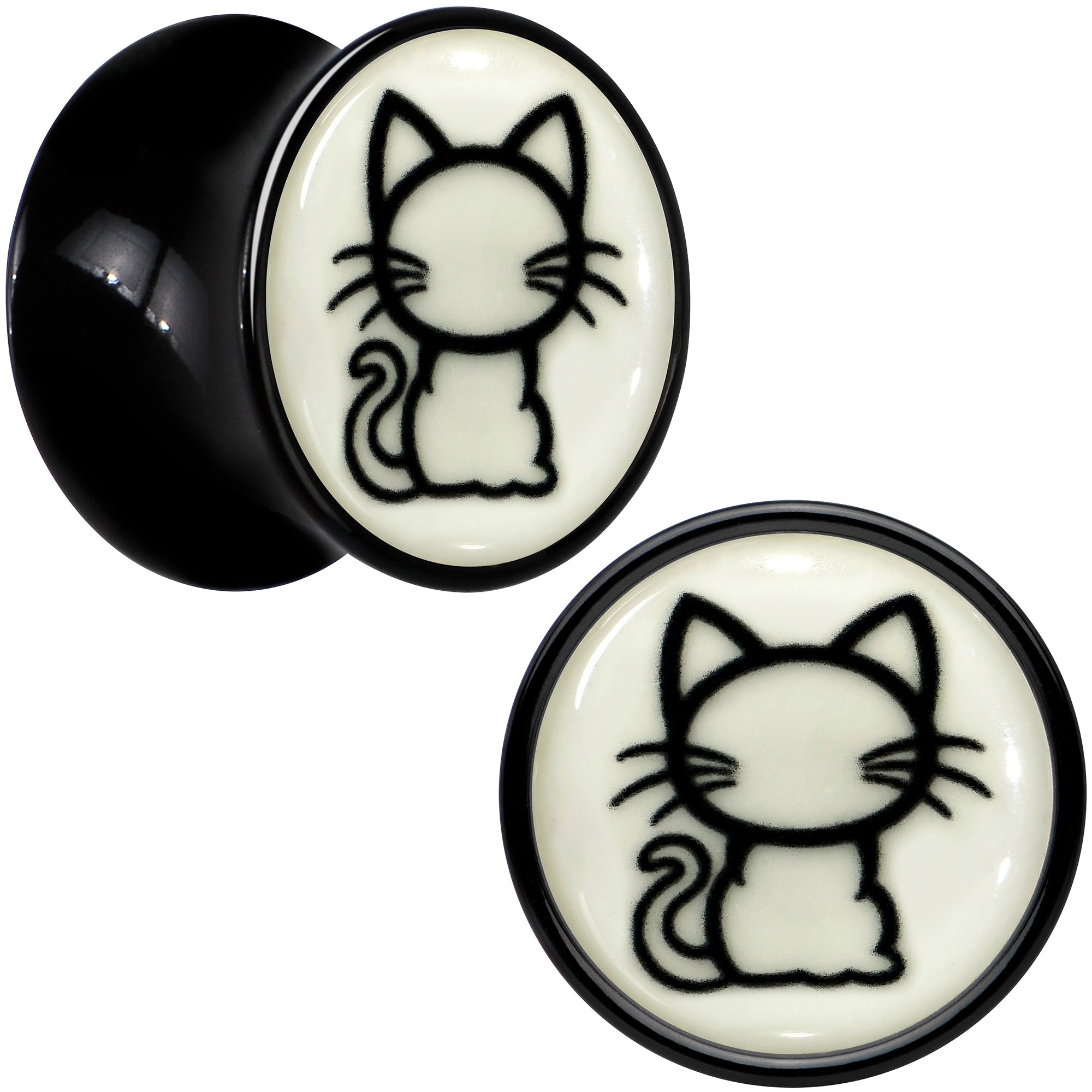 BodyCandy Glow in the Dark Kitty Cat Black Acrylic Saddle Plug Set 8mm to 20mm by Onyx O — color detail