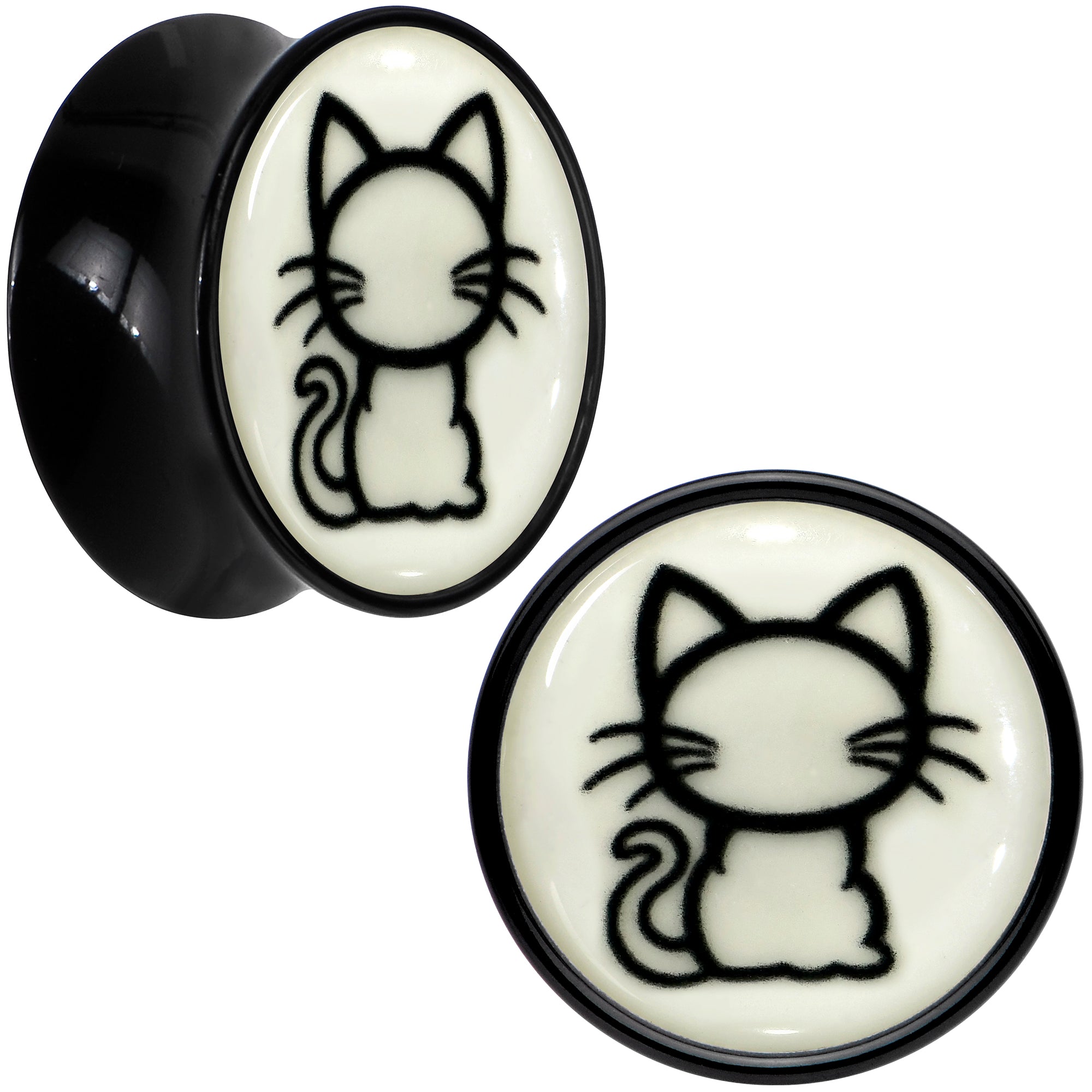 BodyCandy Glow in the Dark Kitty Cat Black Acrylic Saddle Plug Set 8mm to 20mm by Onyx O — comparison shot