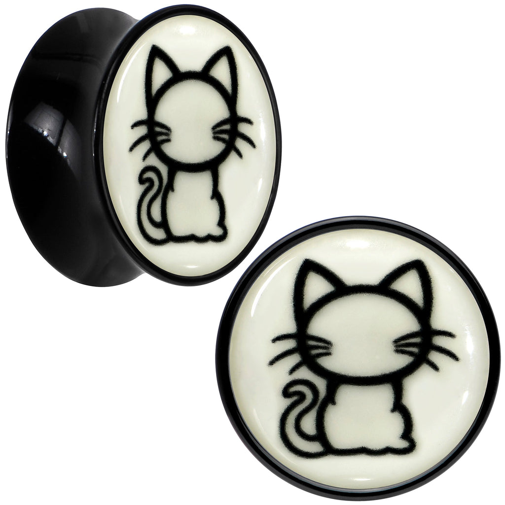 BodyCandy Glow in the Dark Kitty Cat Black Acrylic Saddle Plug Set 8mm to 20mm by Onyx O — fabric or material detail