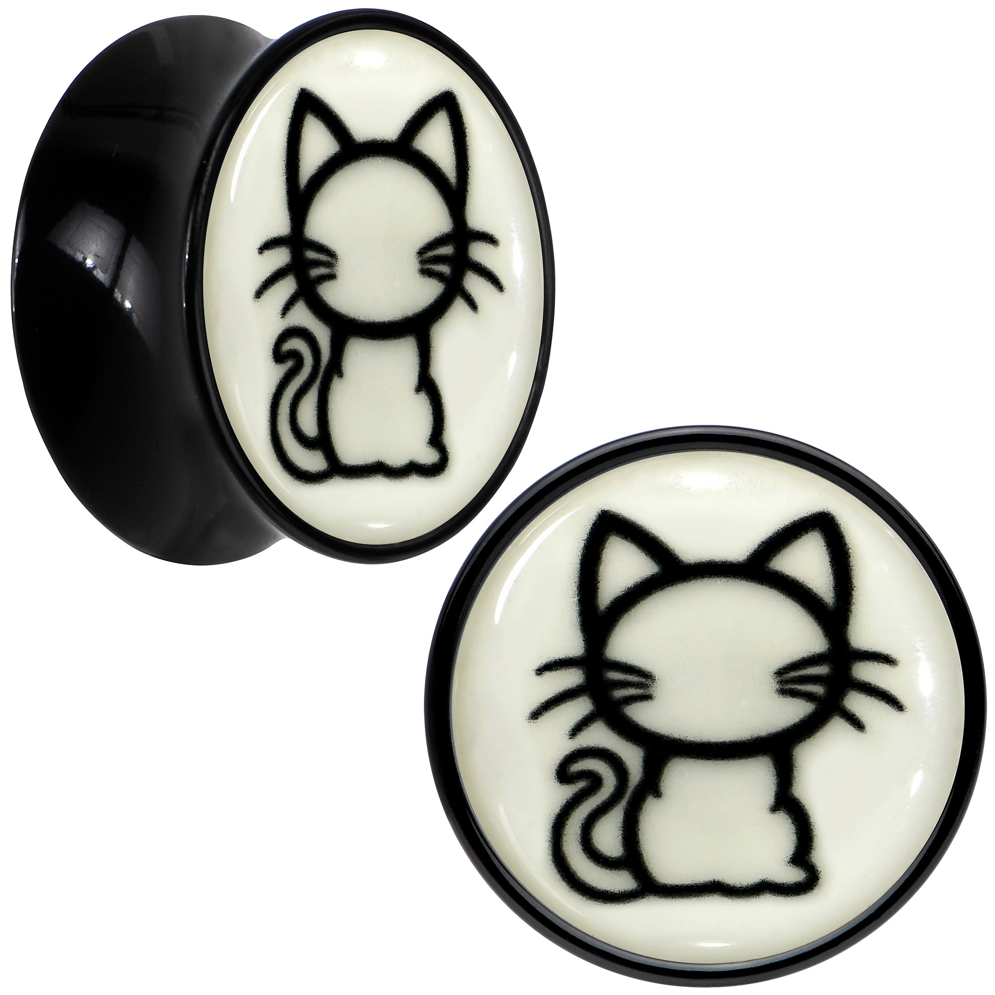 BodyCandy Glow in the Dark Kitty Cat Black Acrylic Saddle Plug Set 8mm to 20mm by Onyx O — fabric or material detail