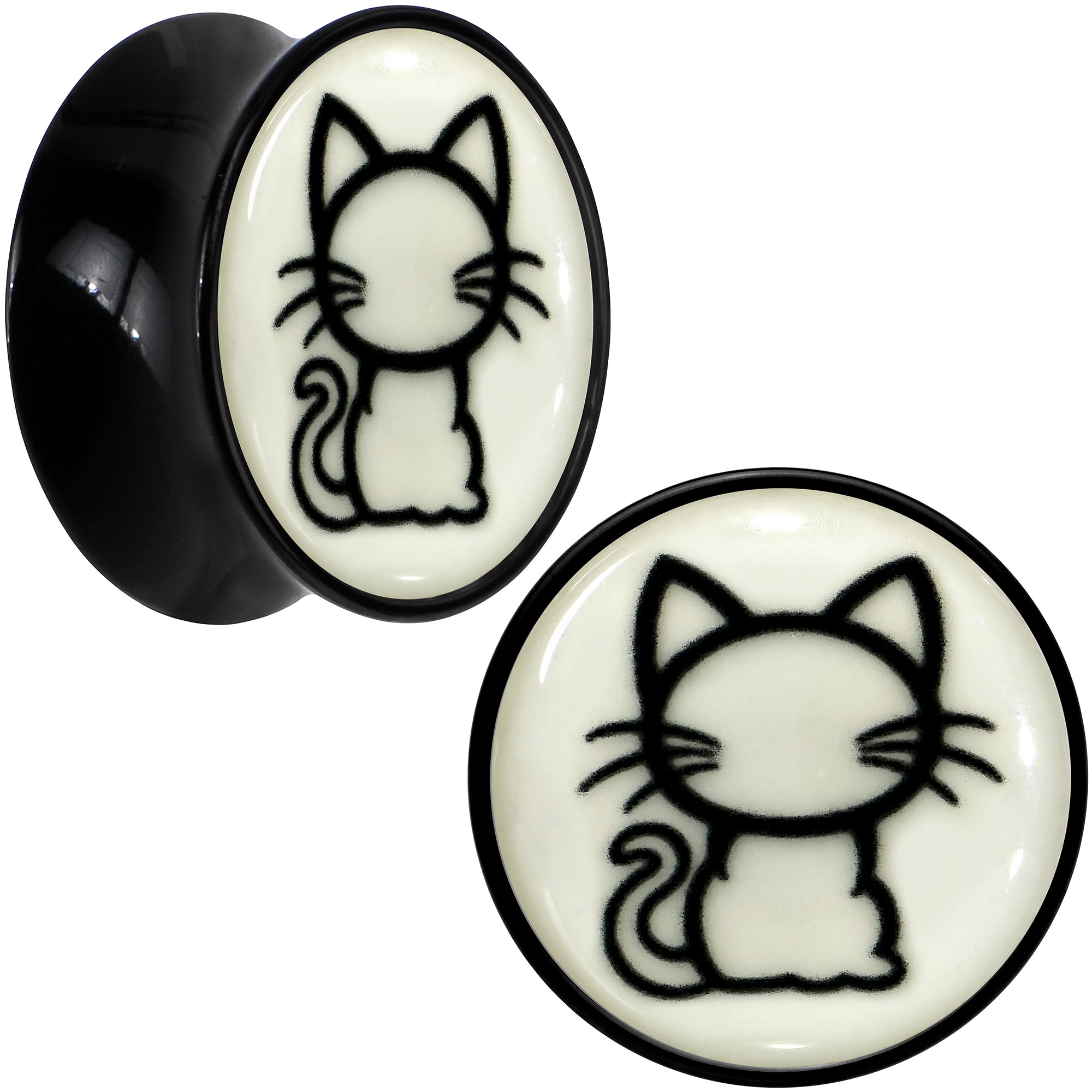BodyCandy Glow in the Dark Kitty Cat Black Acrylic Saddle Plug Set 8mm to 20mm by Onyx O — feature highlight