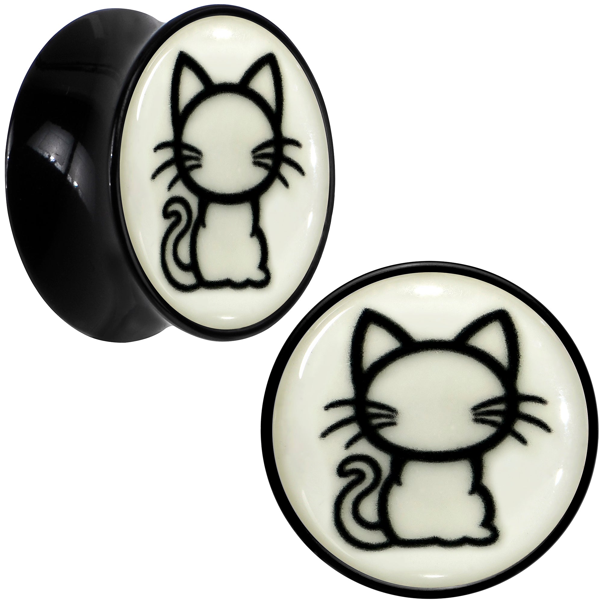 BodyCandy Glow in the Dark Kitty Cat Black Acrylic Saddle Plug Set 8mm to 20mm by Onyx O — product on model
