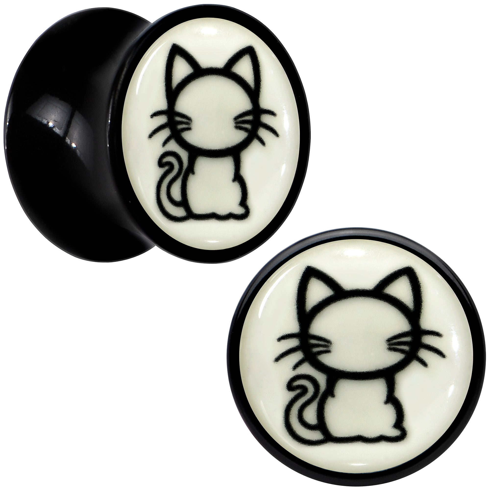 BodyCandy Glow in the Dark Kitty Cat Black Acrylic Saddle Plug Set 8mm to 20mm by Onyx O — in-use photo