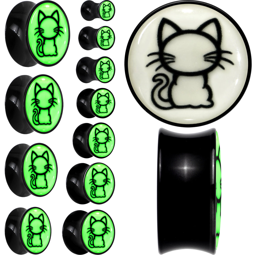 BodyCandy Glow in the Dark Kitty Cat Black Acrylic Saddle Plug Set 8mm to 20mm by Onyx O — main product shot