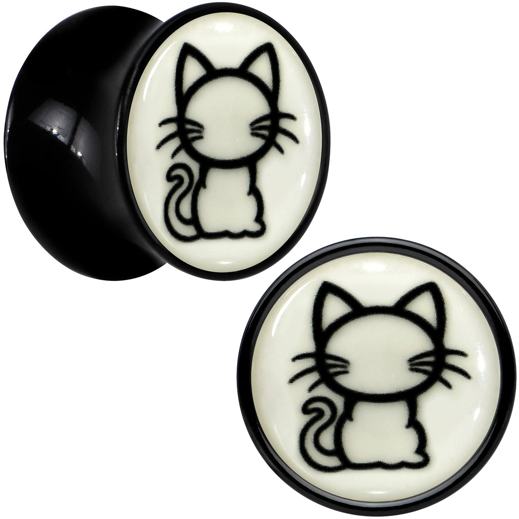 BodyCandy Glow in the Dark Kitty Cat Black Acrylic Saddle Plug Set 8mm to 20mm by Onyx O — detail close-up