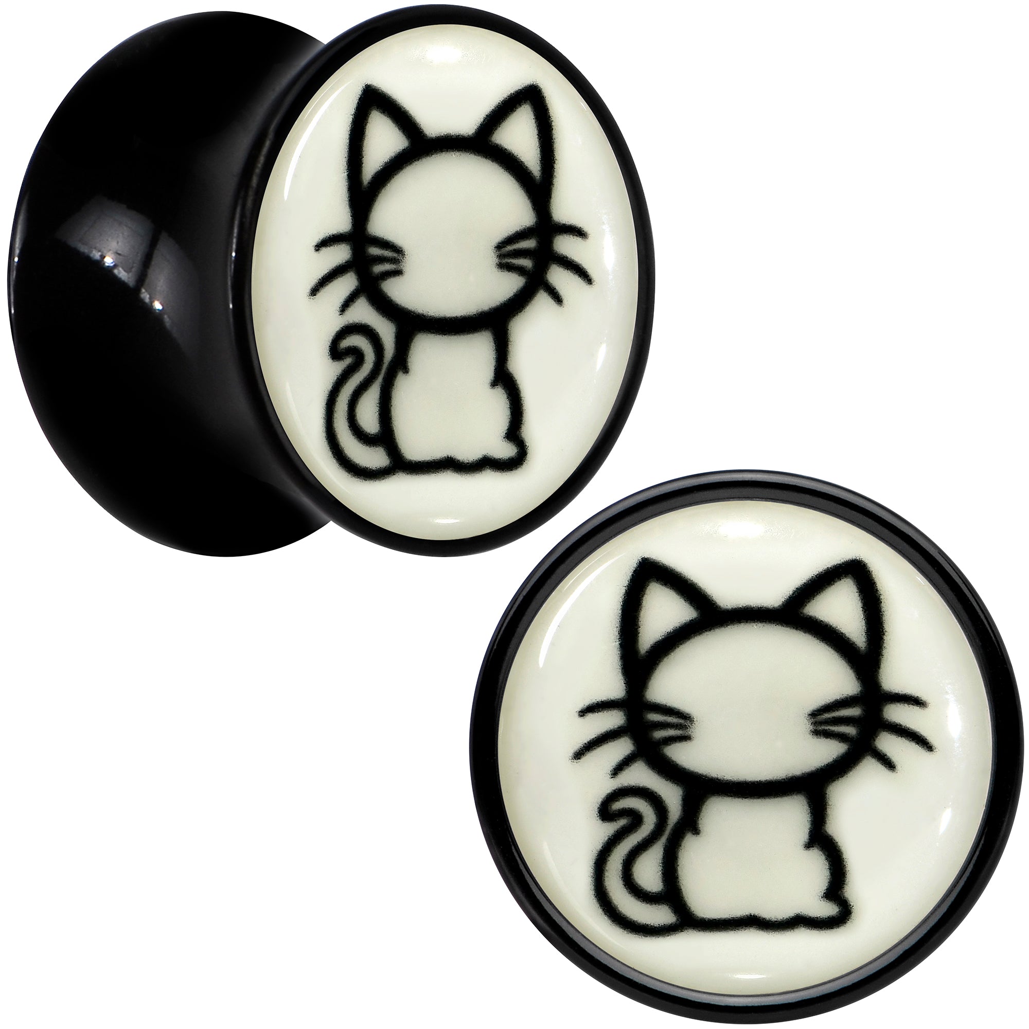 BodyCandy Glow in the Dark Kitty Cat Black Acrylic Saddle Plug Set 8mm to 20mm by Onyx O — detail close-up