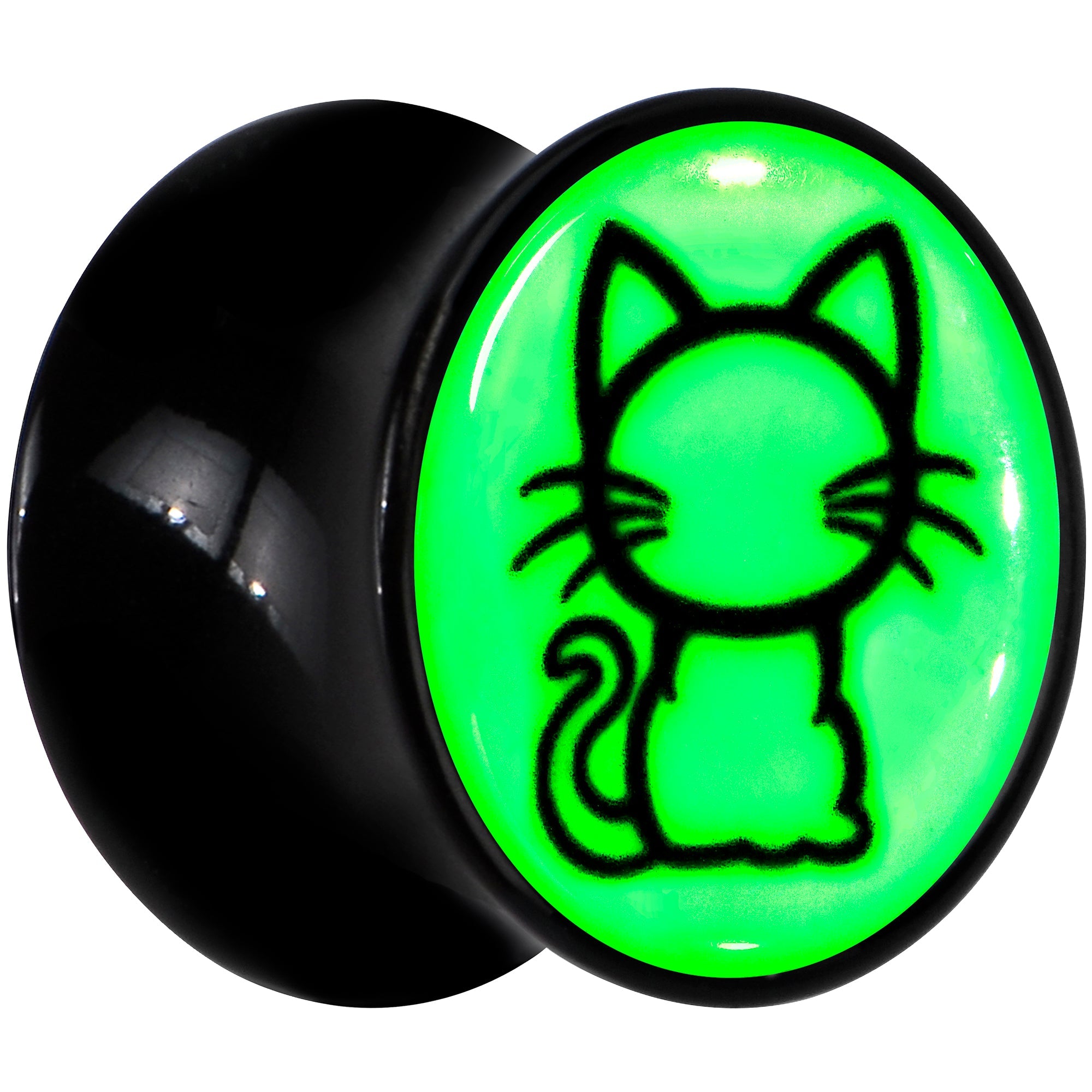 BodyCandy Glow in the Dark Kitty Cat Black Acrylic Saddle Plug Set 8mm to 20mm by Onyx O — side view