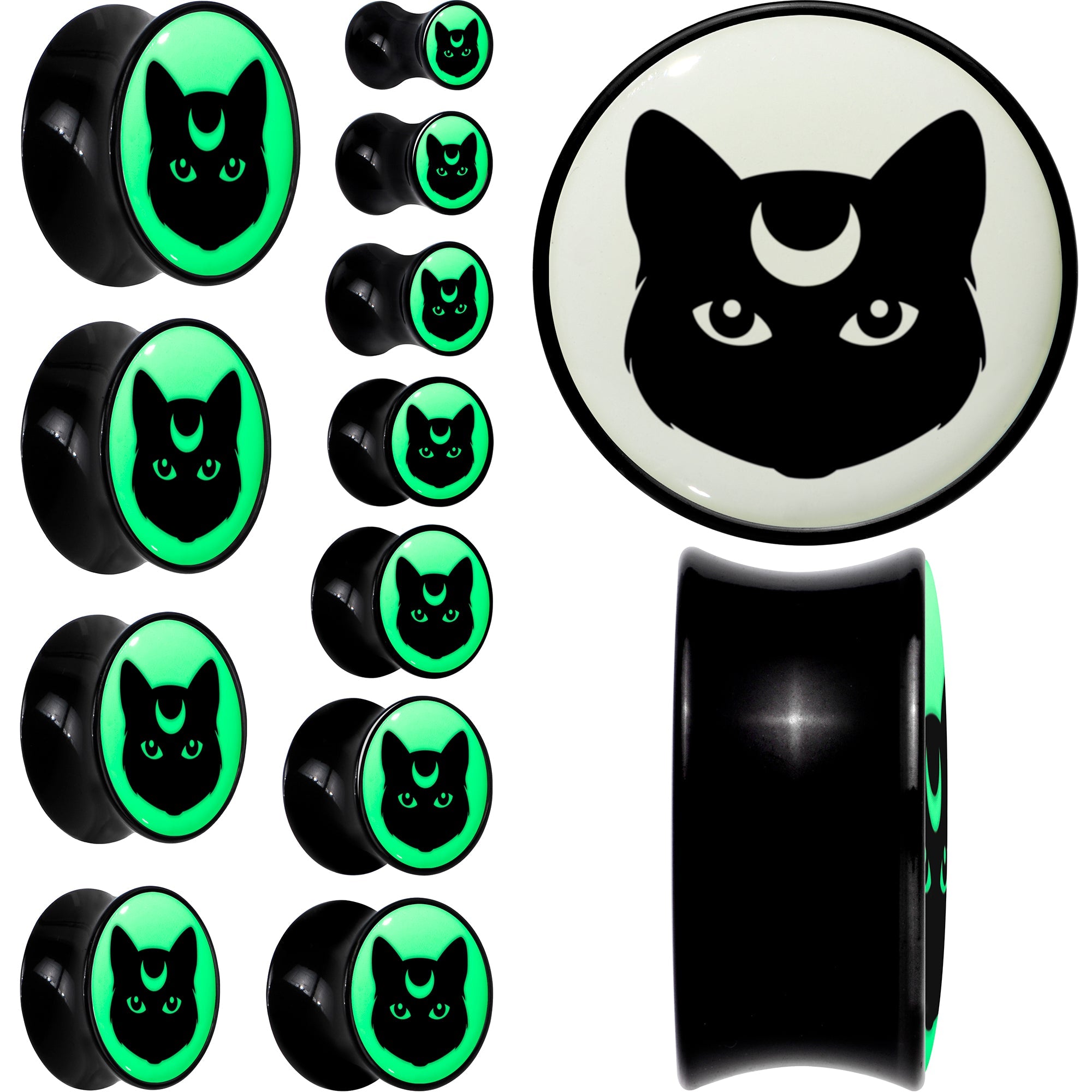 BodyCandy Glow in the Dark Mystic Kitty Cat Black Acrylic Saddle Plug Set by Onyx O — main product shot