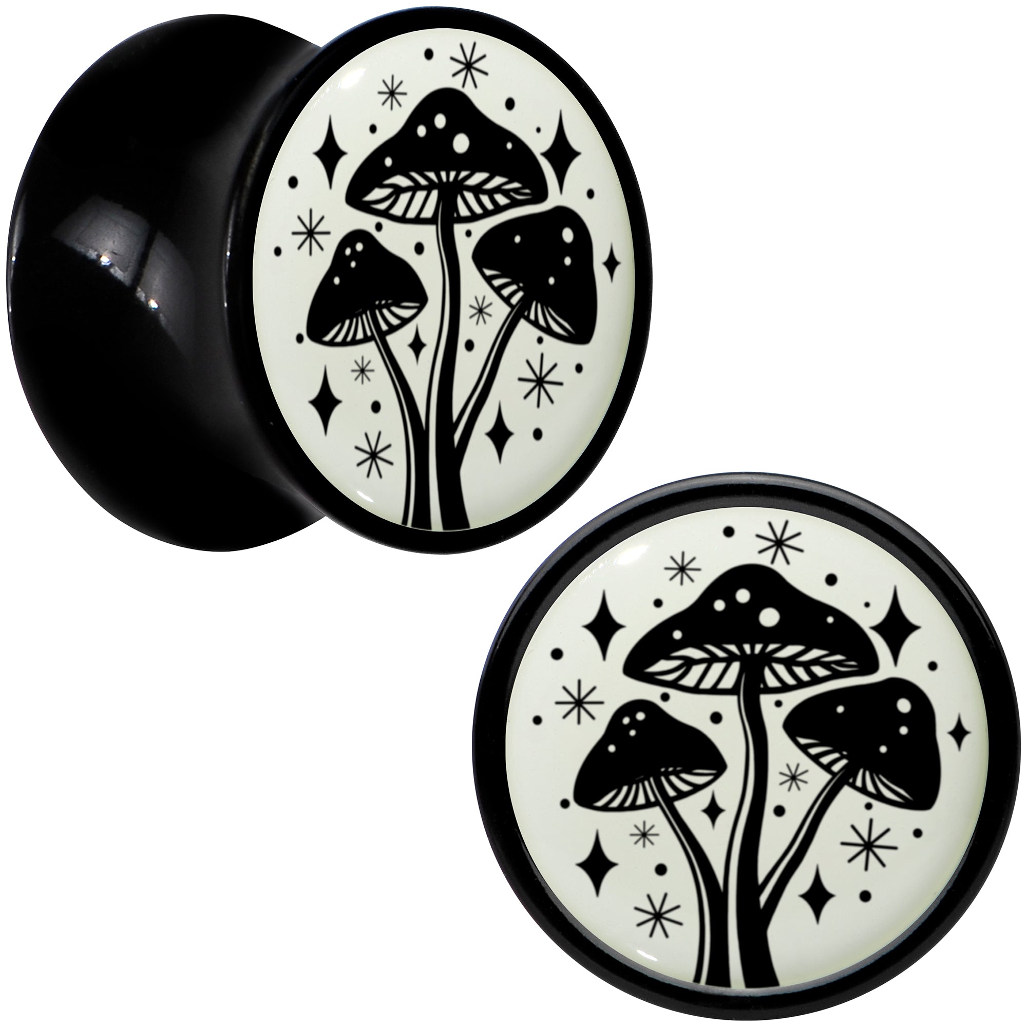 BodyCandy Glow in the Dark Mystic Mushroom Black Acrylic Saddle Plug Set by Onyx O — size reference