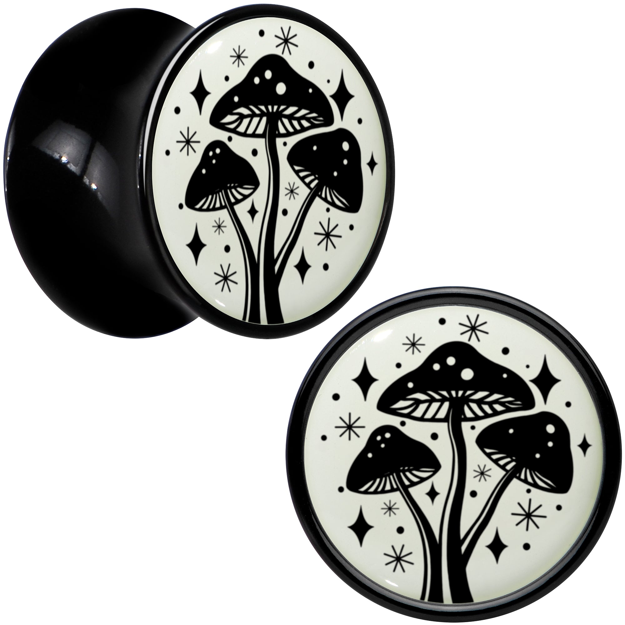 BodyCandy Glow in the Dark Mystic Mushroom Black Acrylic Saddle Plug Set by Onyx O — color detail