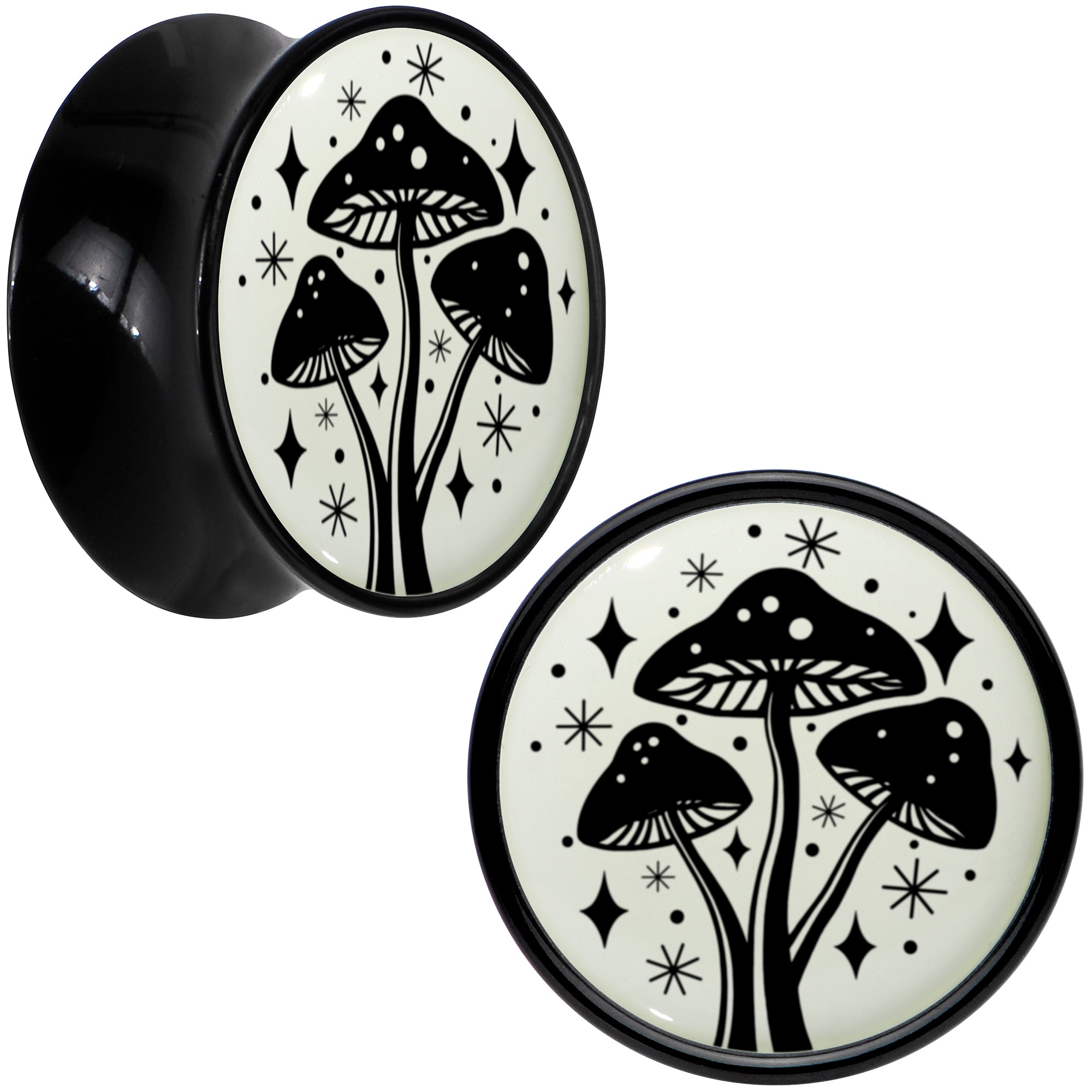 BodyCandy Glow in the Dark Mystic Mushroom Black Acrylic Saddle Plug Set by Onyx O — comparison shot