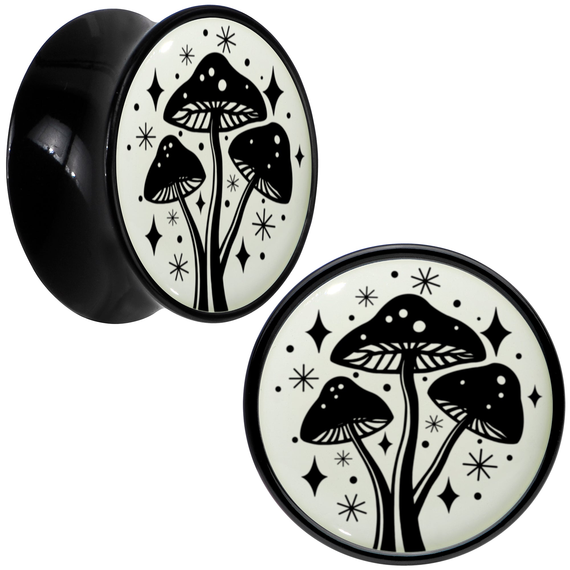 BodyCandy Glow in the Dark Mystic Mushroom Black Acrylic Saddle Plug Set by Onyx O — fabric or material detail