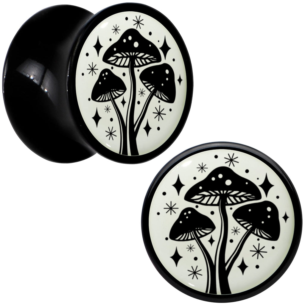 BodyCandy Glow in the Dark Mystic Mushroom Black Acrylic Saddle Plug Set by Onyx O — flat-lay composition