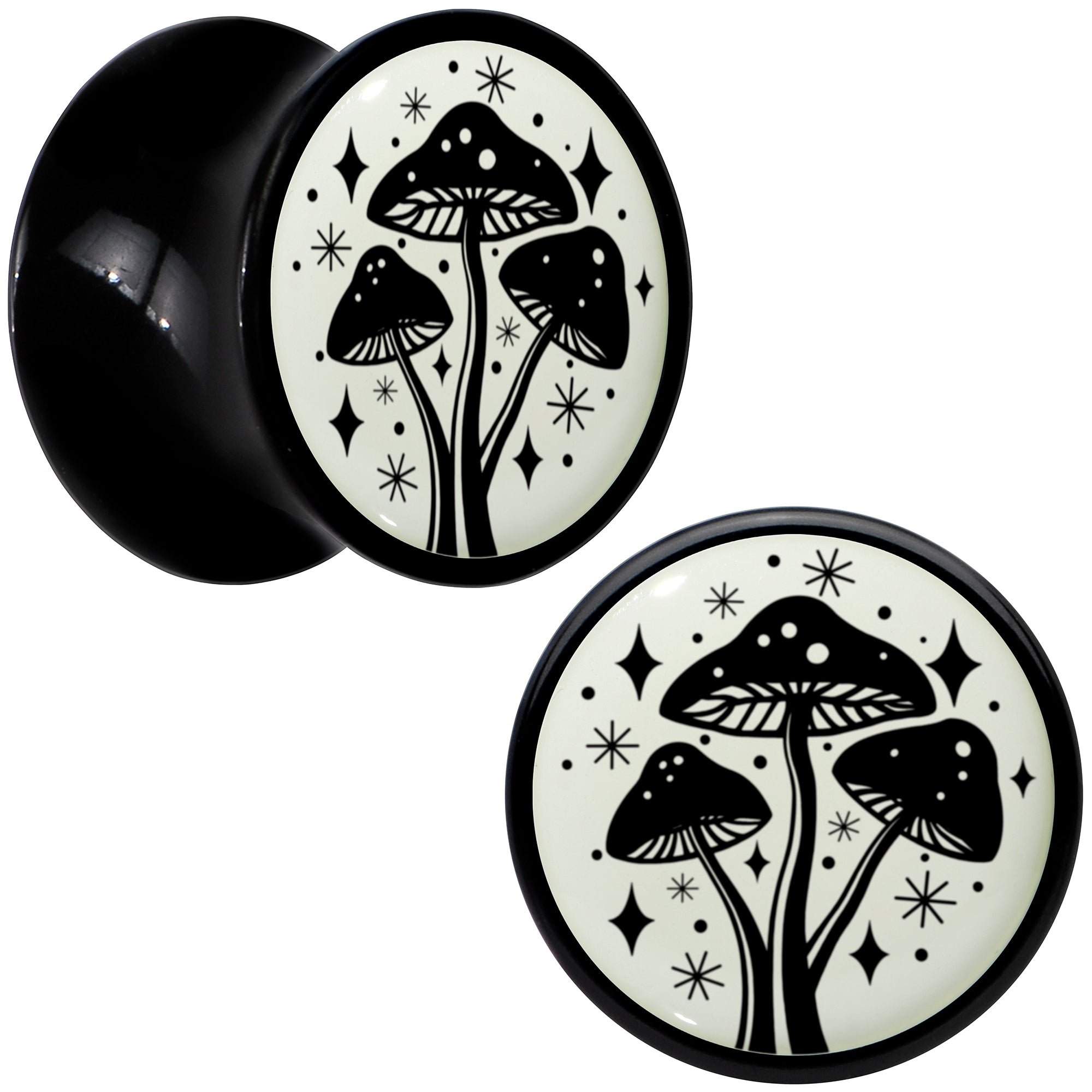 BodyCandy Glow in the Dark Mystic Mushroom Black Acrylic Saddle Plug Set by Onyx O — flat-lay composition