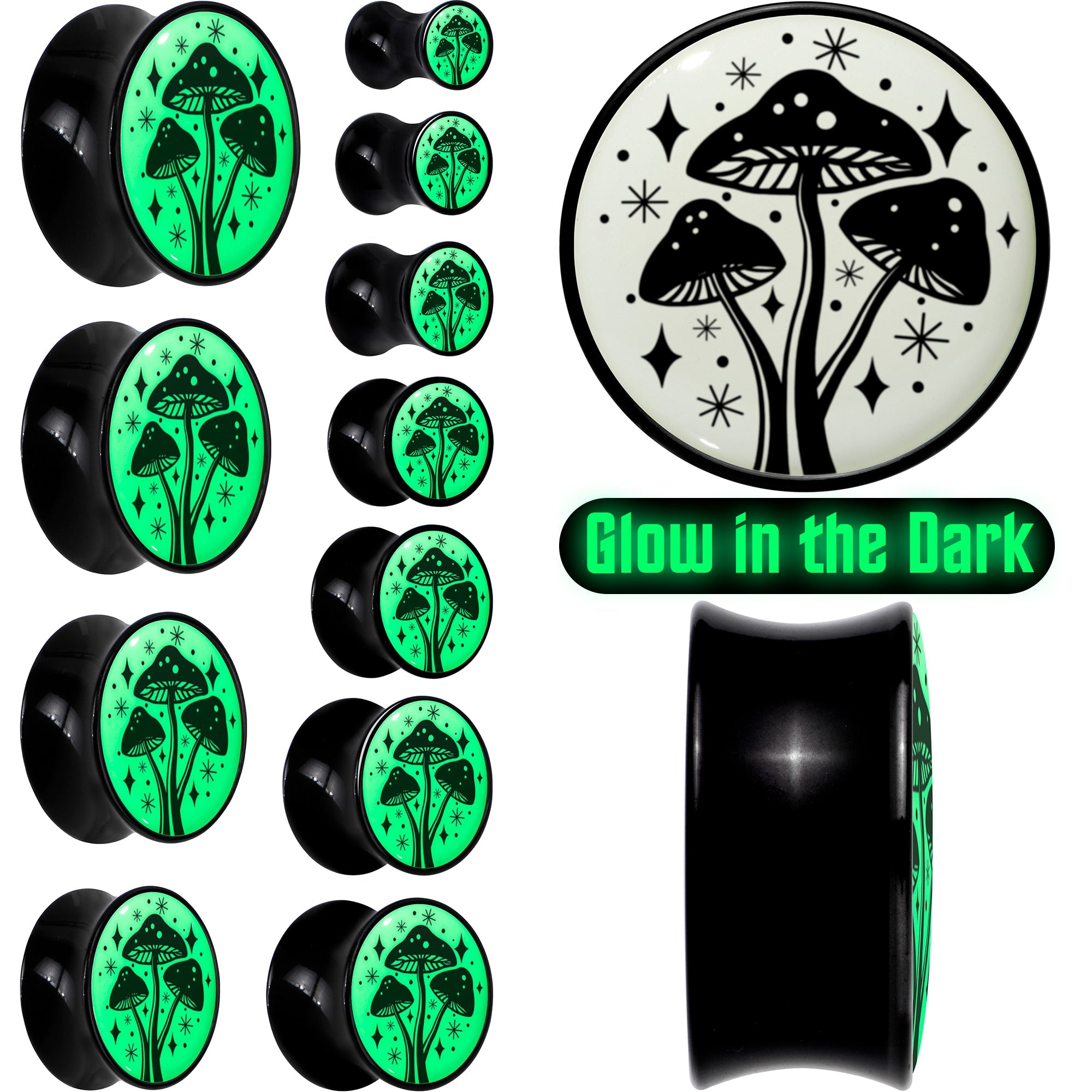 BodyCandy Glow in the Dark Mystic Mushroom Black Acrylic Saddle Plug Set by Onyx O — main product shot