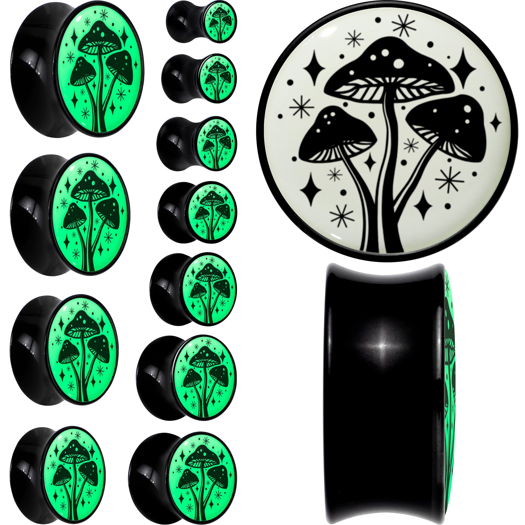 BodyCandy Glow in the Dark Mystic Mushroom Black Acrylic Saddle Plug Set by Onyx O — side view