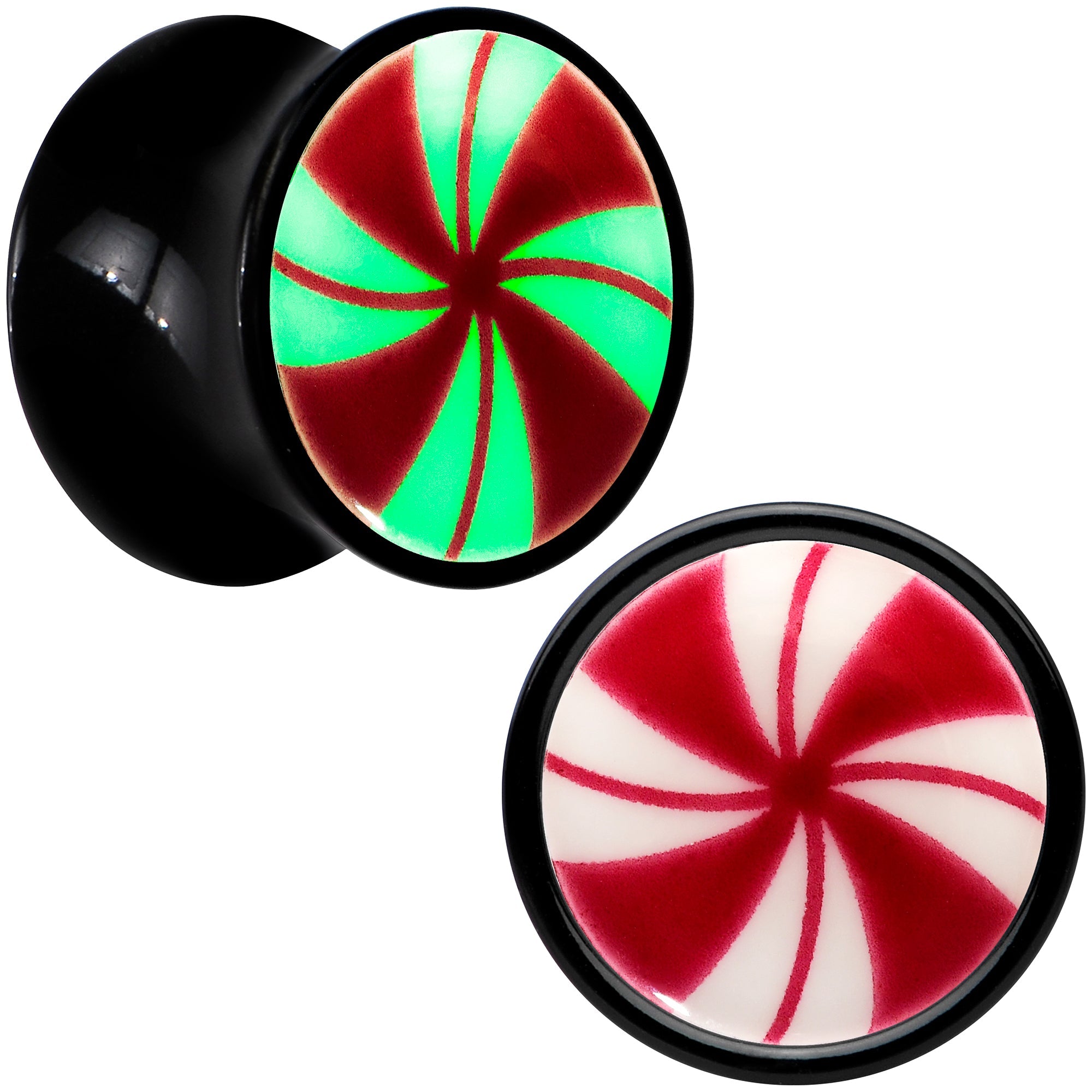 BodyCandy Black Acrylic Peppermint Candy Glow in Dark Double Flare Plug Set by Onyx O — alternative angle