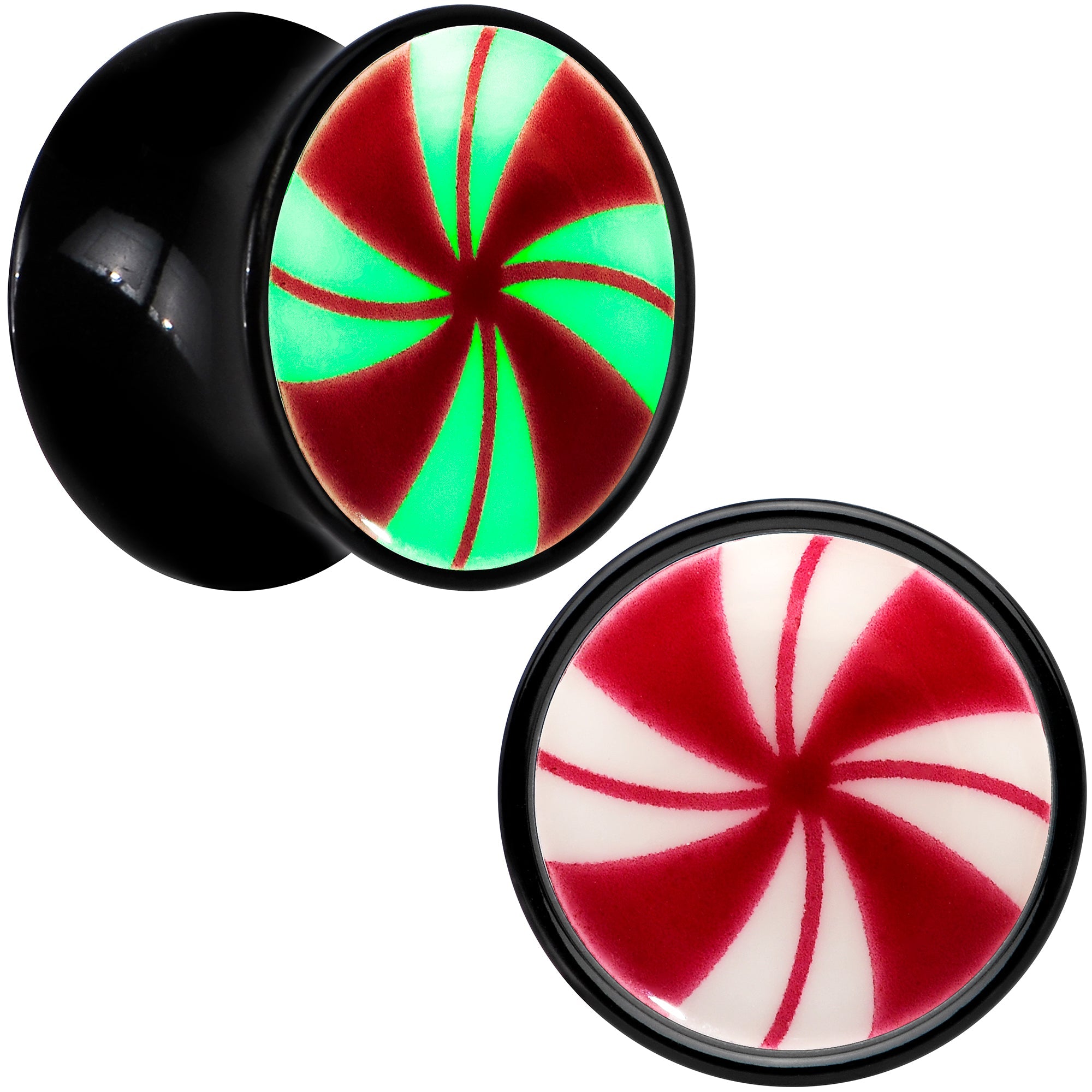 BodyCandy Black Acrylic Peppermint Candy Glow in Dark Double Flare Plug Set by Onyx O — size reference