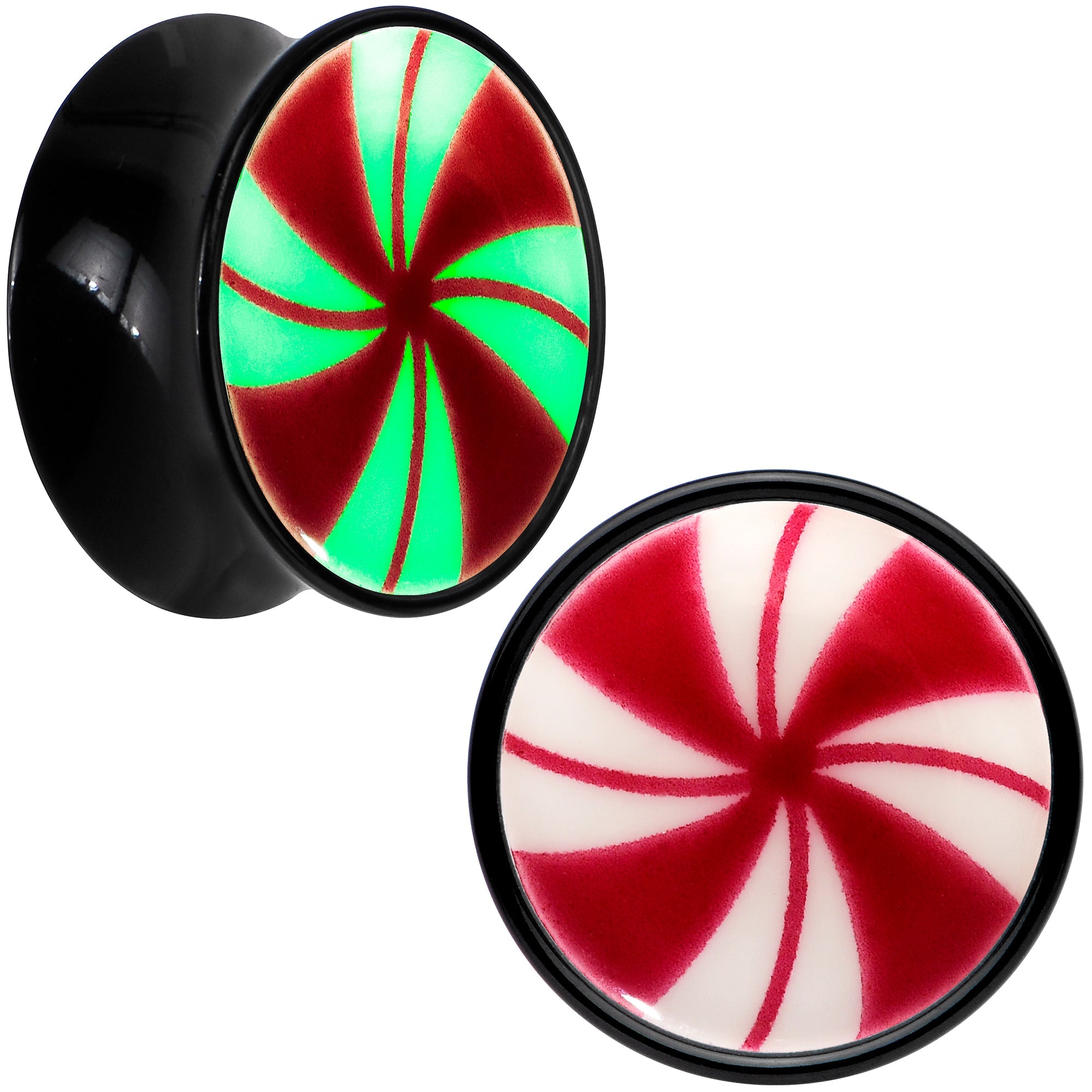 BodyCandy Black Acrylic Peppermint Candy Glow in Dark Double Flare Plug Set by Onyx O — color detail