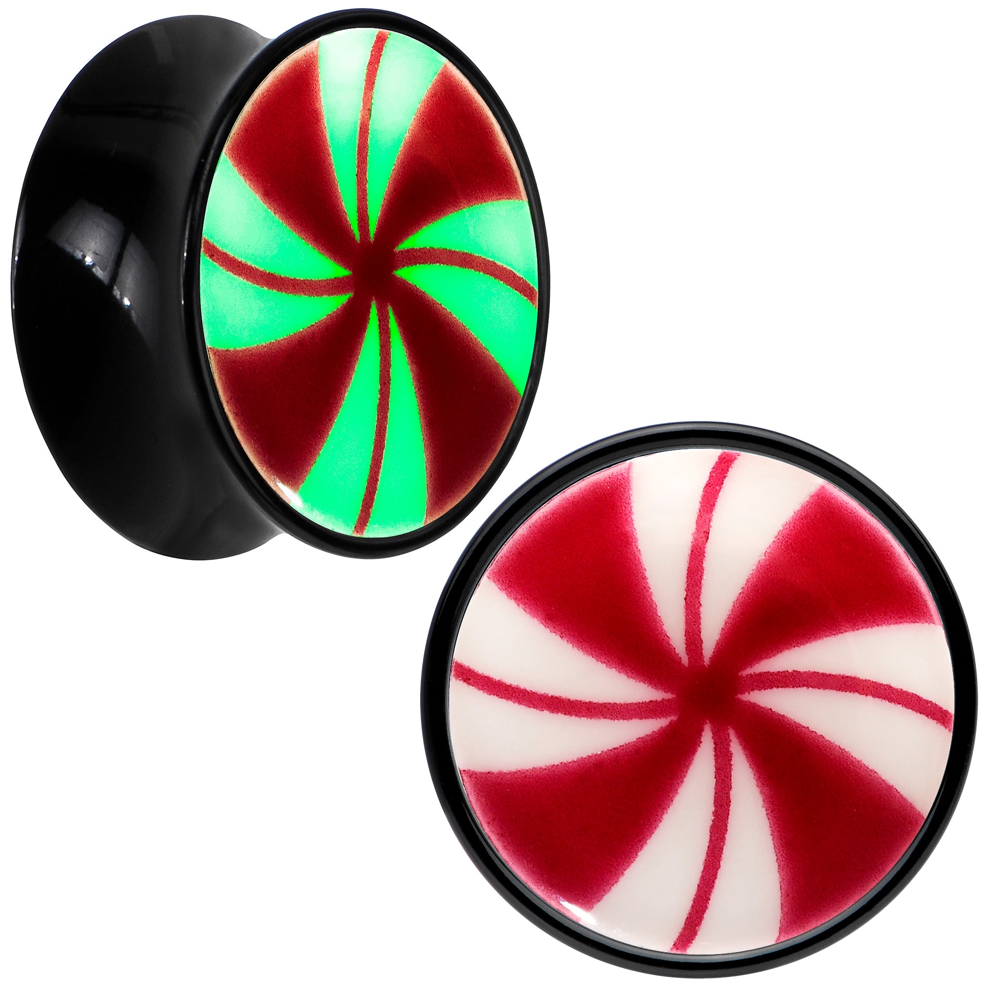 BodyCandy Black Acrylic Peppermint Candy Glow in Dark Double Flare Plug Set by Onyx O — packaging