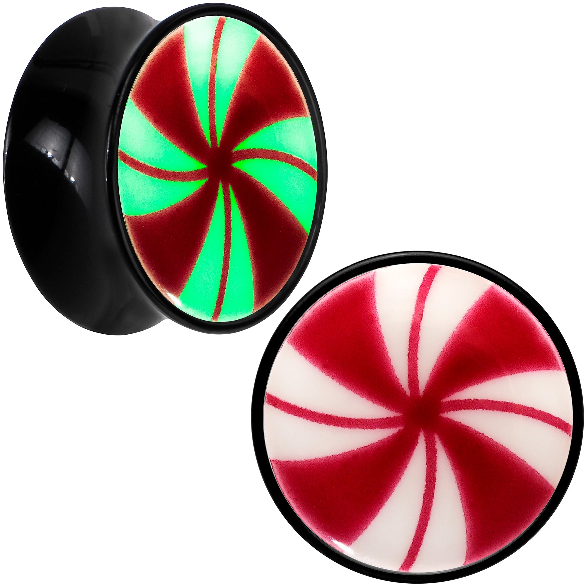 BodyCandy Black Acrylic Peppermint Candy Glow in Dark Double Flare Plug Set by Onyx O — comparison shot