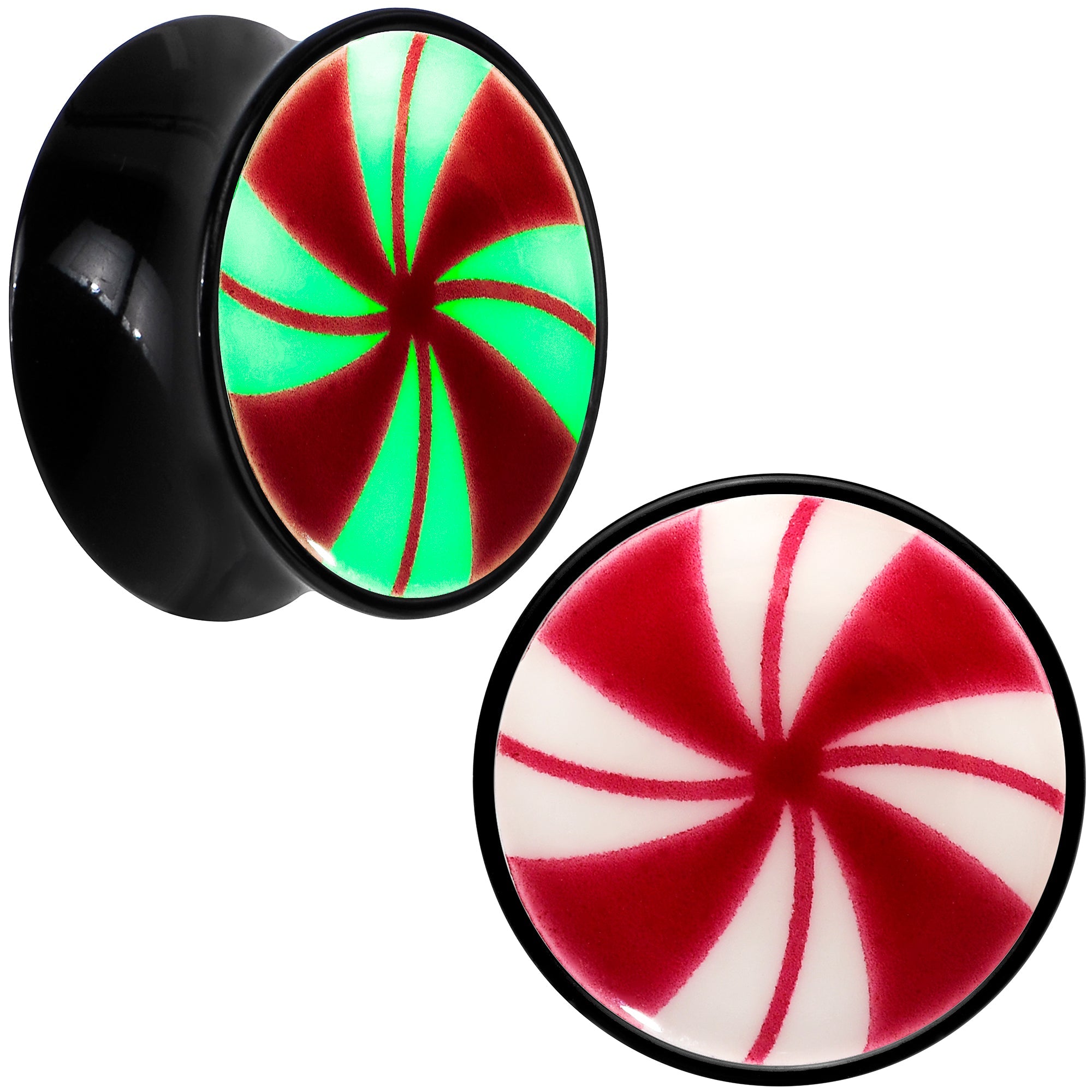 BodyCandy Black Acrylic Peppermint Candy Glow in Dark Double Flare Plug Set by Onyx O — fabric or material detail