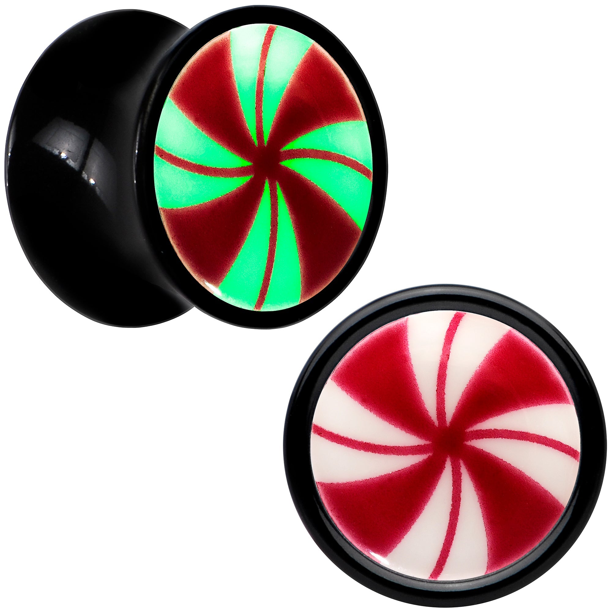 BodyCandy Black Acrylic Peppermint Candy Glow in Dark Double Flare Plug Set by Onyx O — feature highlight