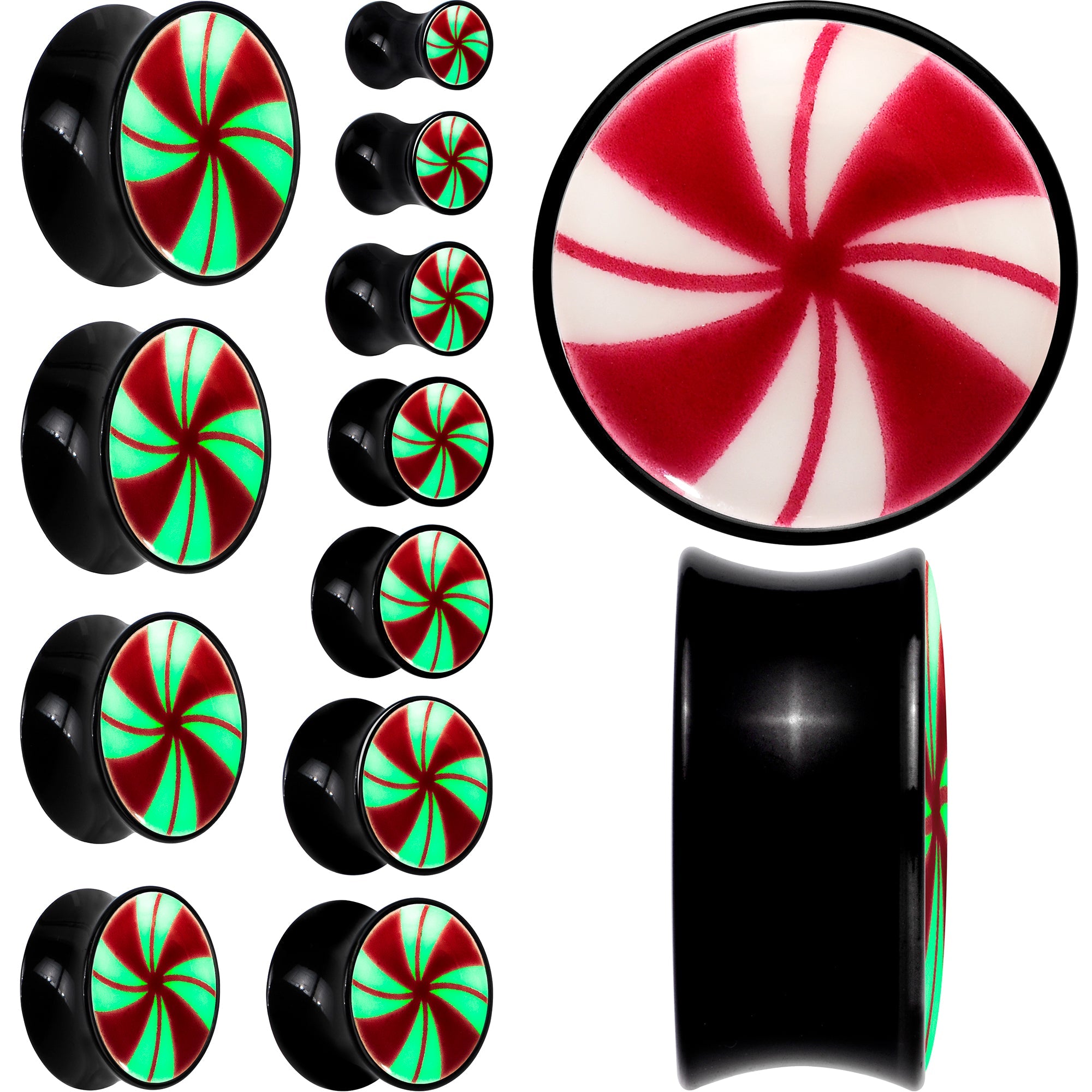 BodyCandy Black Acrylic Peppermint Candy Glow in Dark Double Flare Plug Set by Onyx O — main product shot