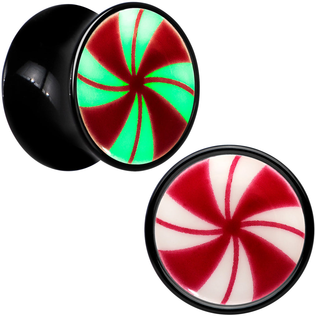 BodyCandy Black Acrylic Peppermint Candy Glow in Dark Double Flare Plug Set by Onyx O — detail close-up