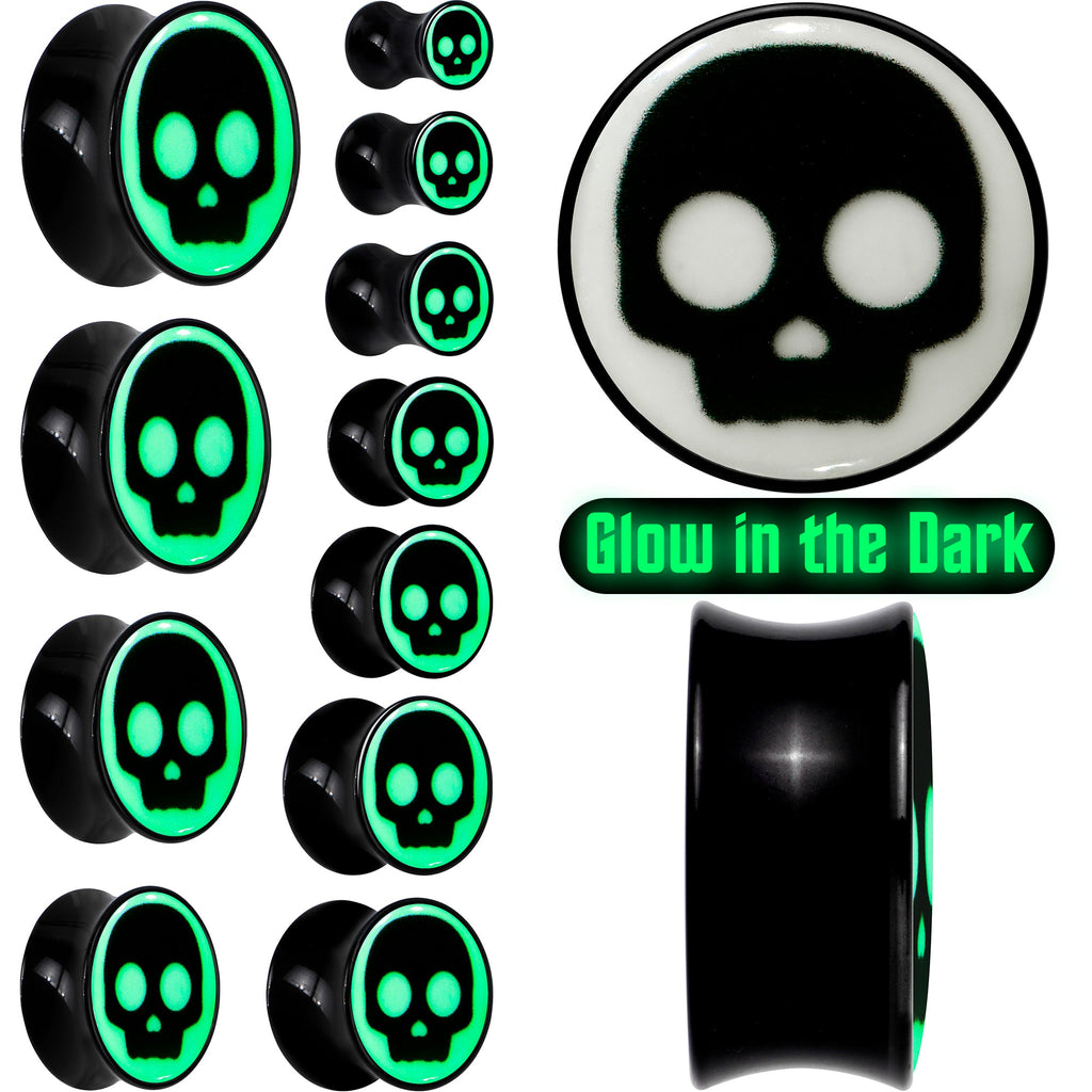 BodyCandy 0G Glow in the Dark Simple Skull Black Acrylic Saddle Plug Set by Onyx O — main product shot