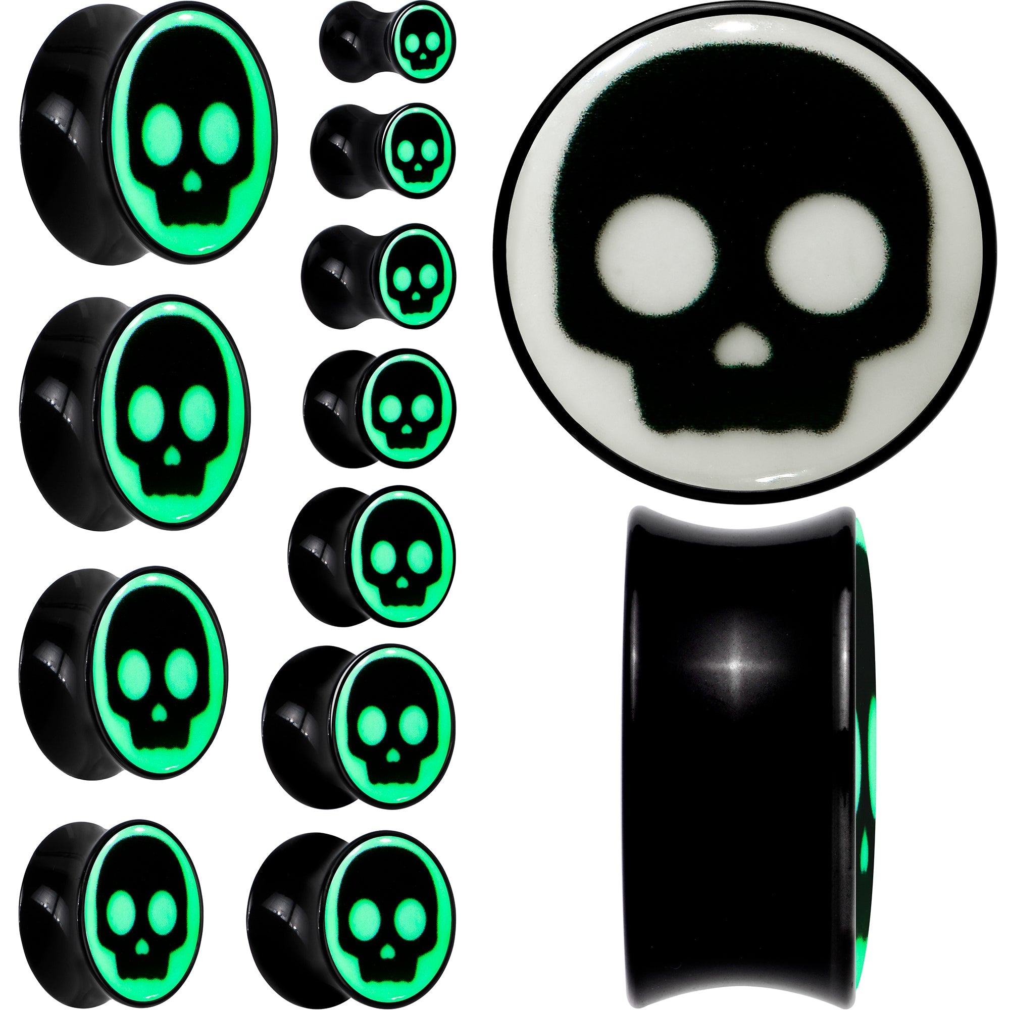 BodyCandy 0G Glow in the Dark Simple Skull Black Acrylic Saddle Plug Set by Onyx O — alternative angle