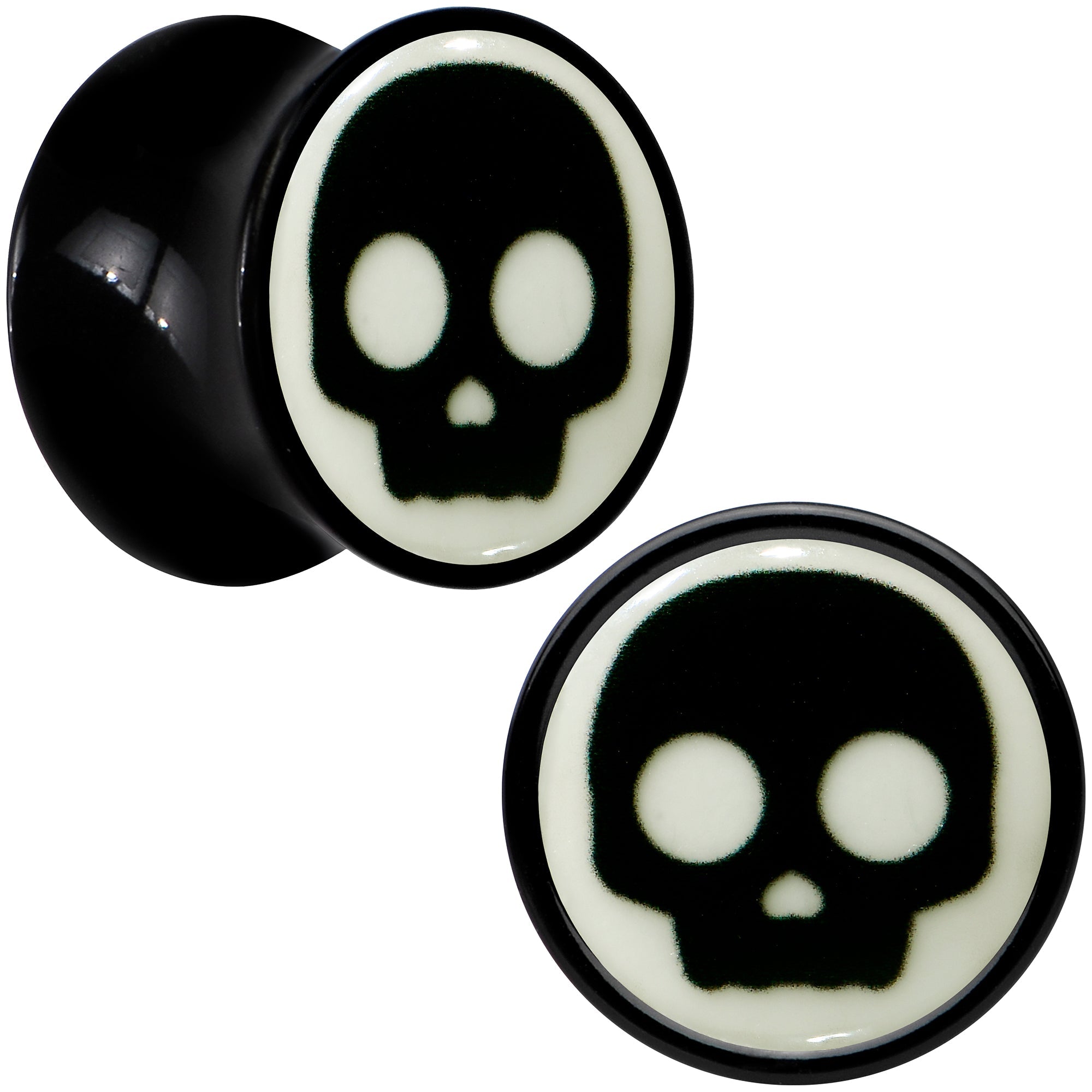 BodyCandy 0G Glow in the Dark Simple Skull Black Acrylic Saddle Plug Set by Onyx O — detail close-up