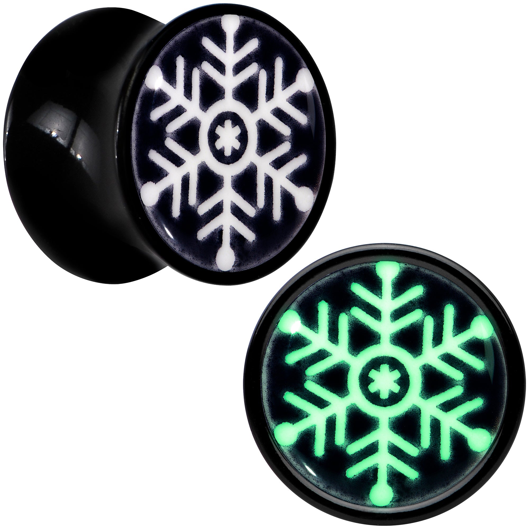 BodyCandy Glow in the Dark Holiday Snowflake Black Acrylic Saddle Plug Set by Onyx O — side view