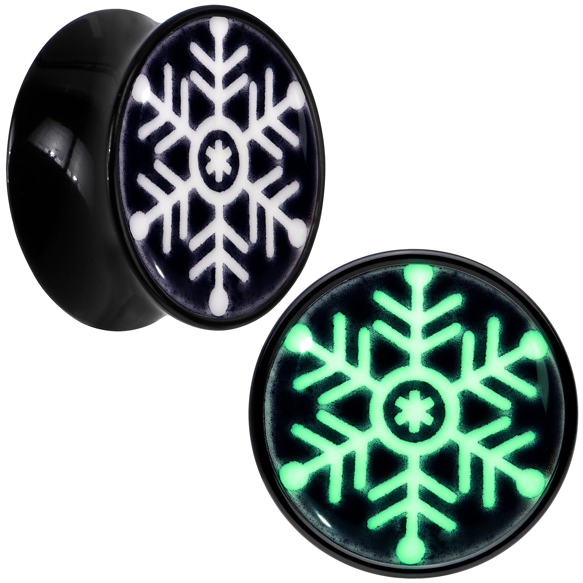 BodyCandy Glow in the Dark Holiday Snowflake Black Acrylic Saddle Plug Set by Onyx O — size reference