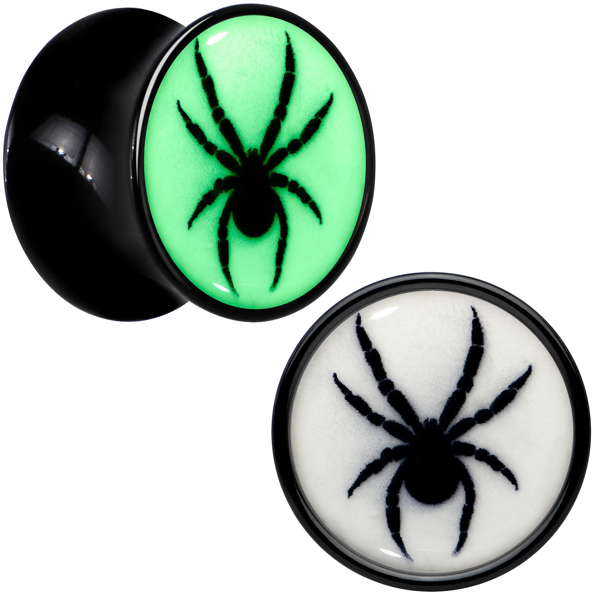 BodyCandy Black Acrylic Widow Spider Glow in the Dark Double Flare Plug Set by Onyx O — in-use photo